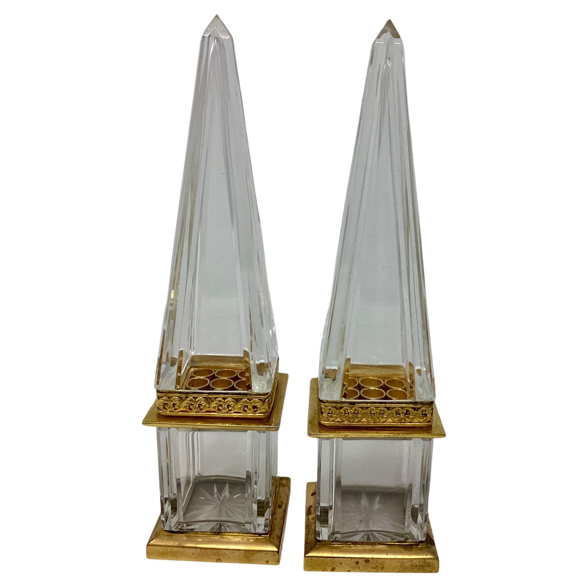 Pair of Vintage Crystal and Gilt Bronze Obelisks