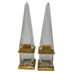 Pair of Vintage Crystal and Gilt Bronze Obelisks