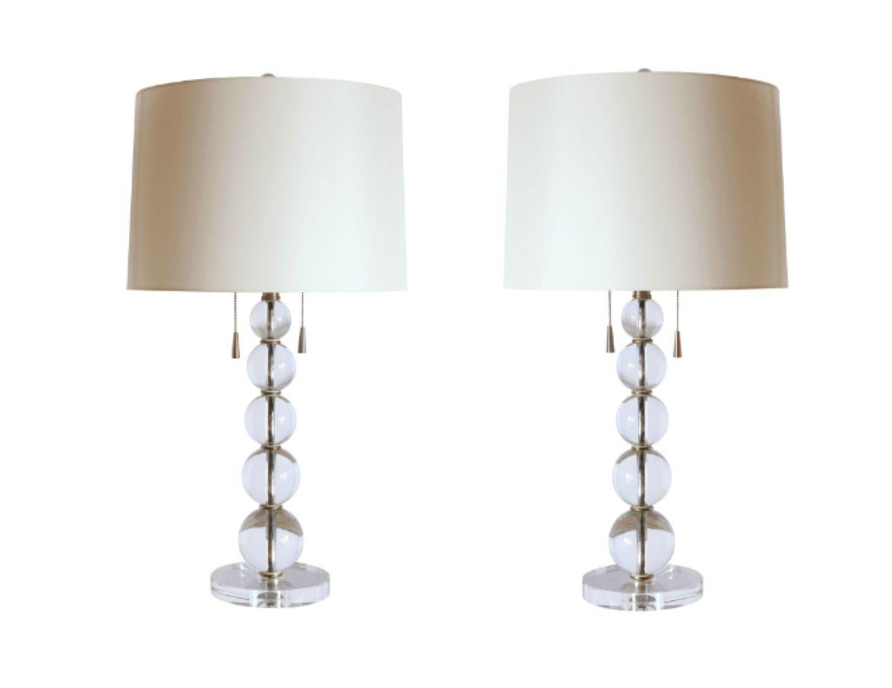 Pair of mid century glass bubble lamps extremely well constructed and sturdy. Comes with shades and finials. Two lighting sockets on each lamp with chain pulls.