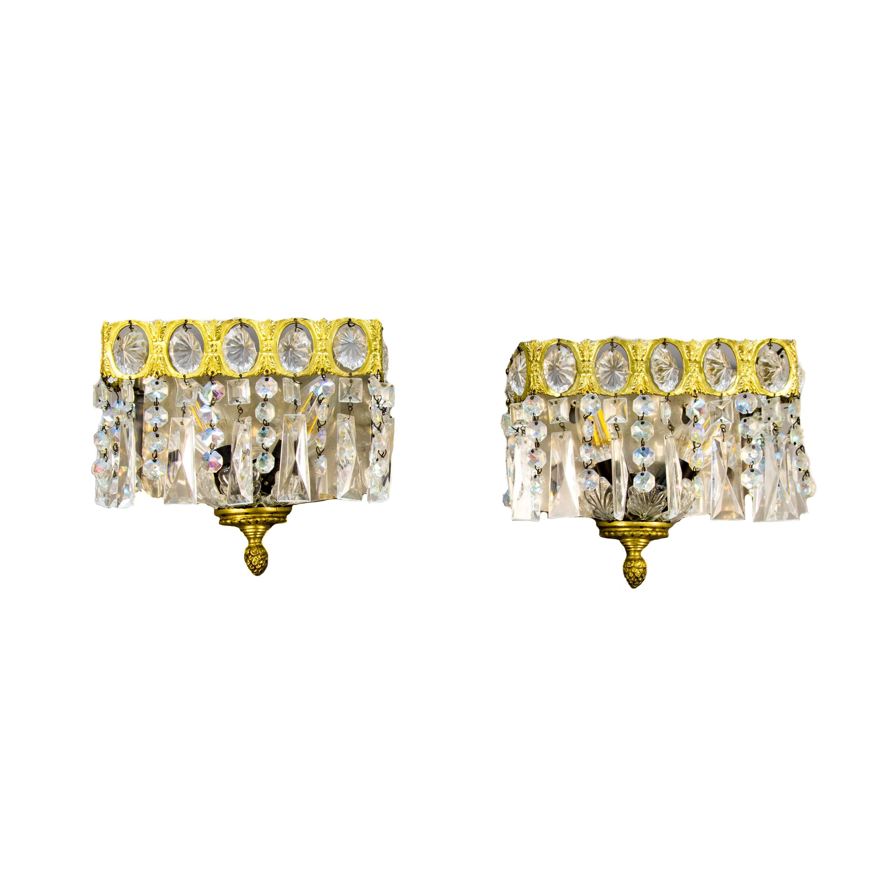 Pair of Italian Vintage Crystal Glass and Brass Sconces For Sale