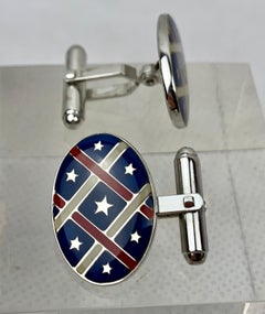 "Stars-n-Stripes" Oval Vintage Silver Tone High Fired Enamel Cufflinks
