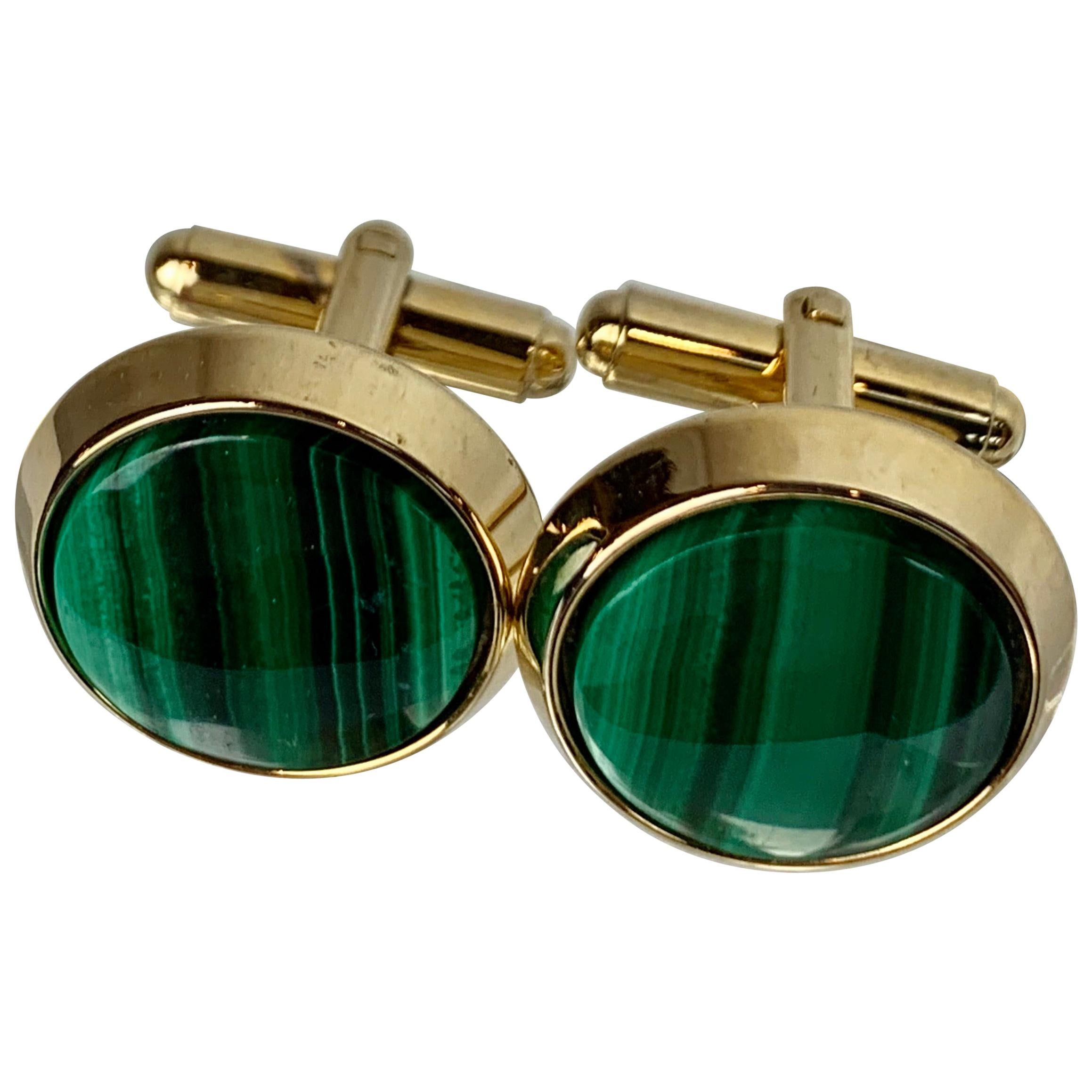 Pair of Vintage Round Cut Malachite Stone Cufflinks