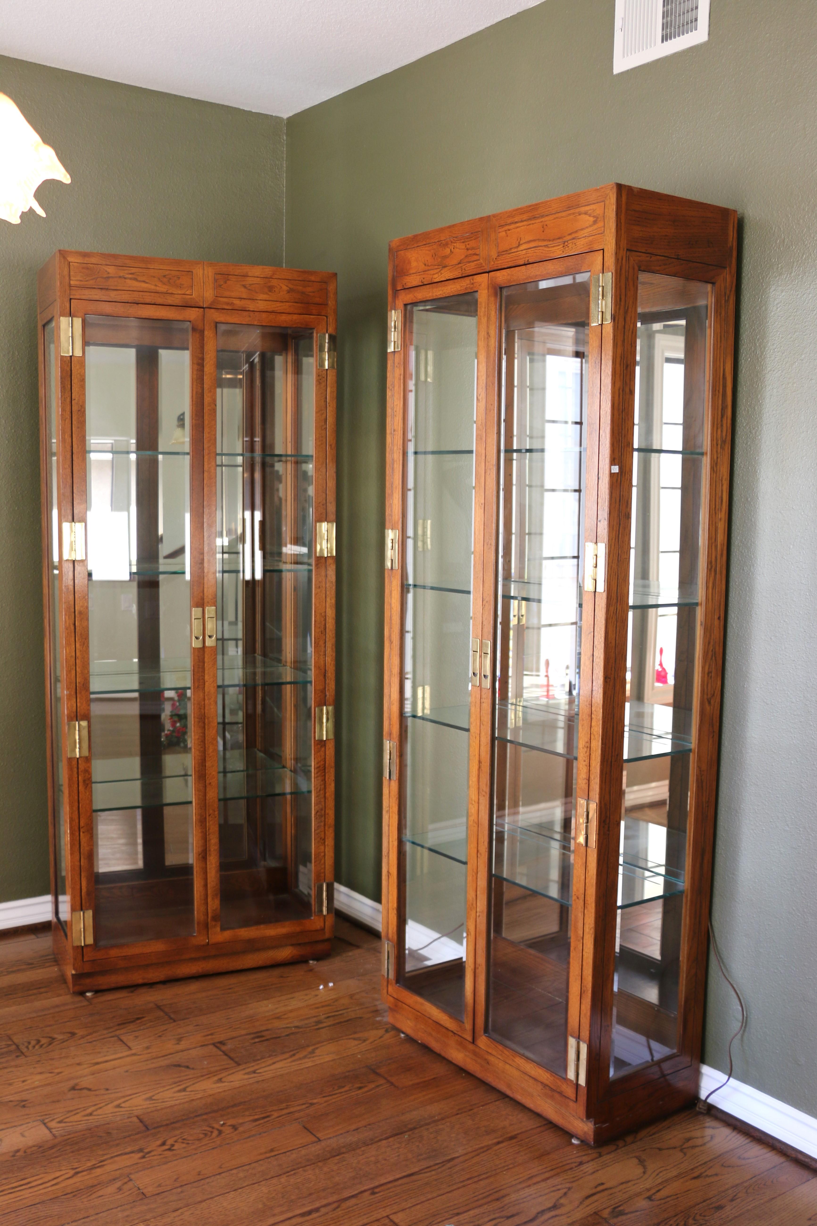 Brass Pair of Vintage Curio Display Cabinets Campaign Style by Henredon, 1980s