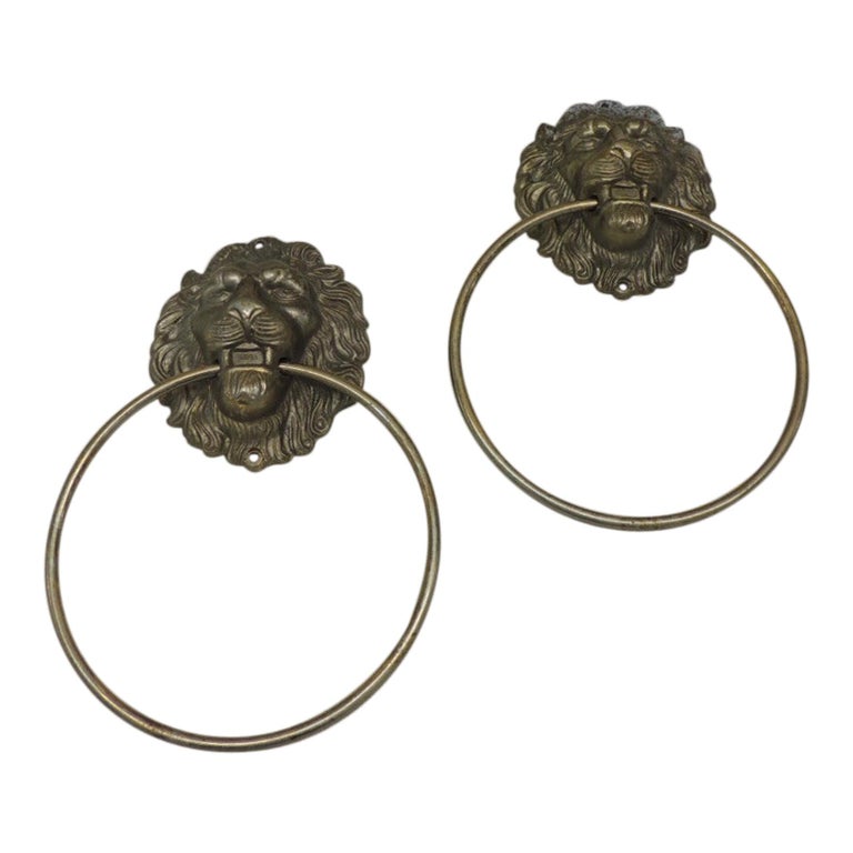 Pair of Vintage Curtain Brass Tie Backs with Lions Heads at 1stDibs