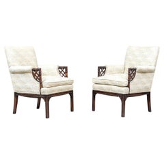 Pair Of Vintage Custom Upholstered Chinese Chippendale Style Club Chairs