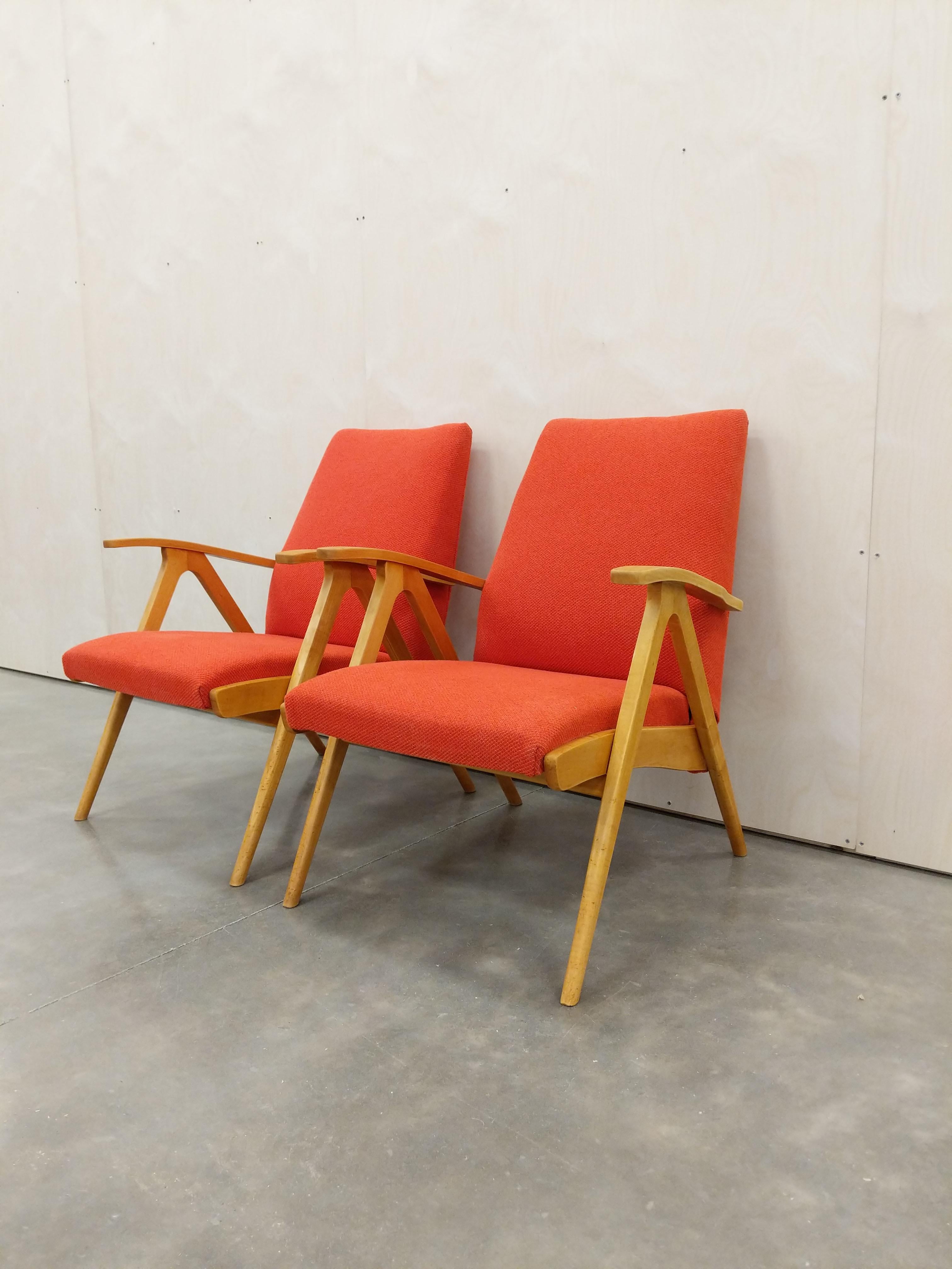 Upholstery Pair of Vintage Czech Mid Century Modern Lounge Chairs For Sale