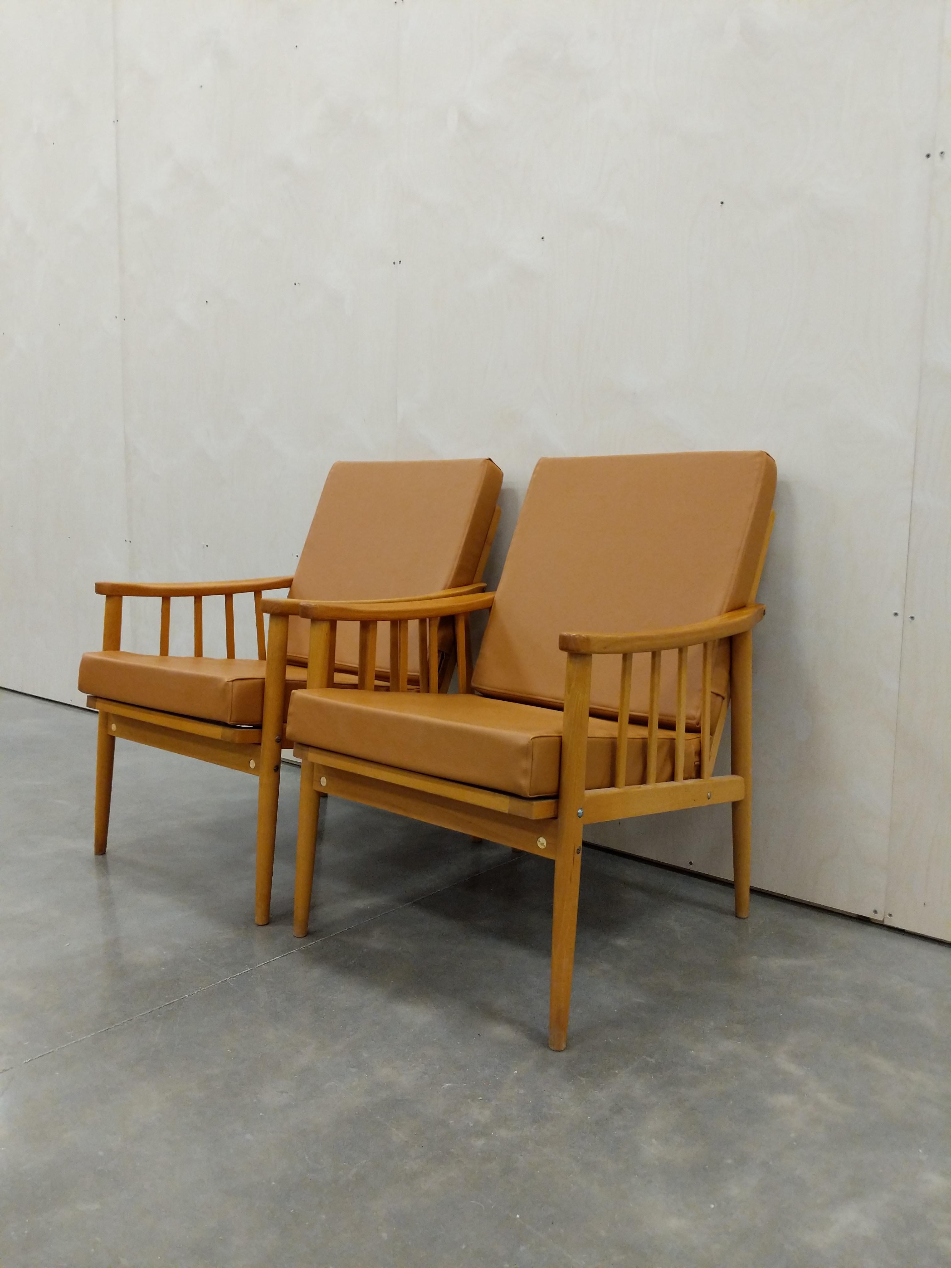 Wood Pair of Vintage Czech Mid Century Modern Lounge Chairs