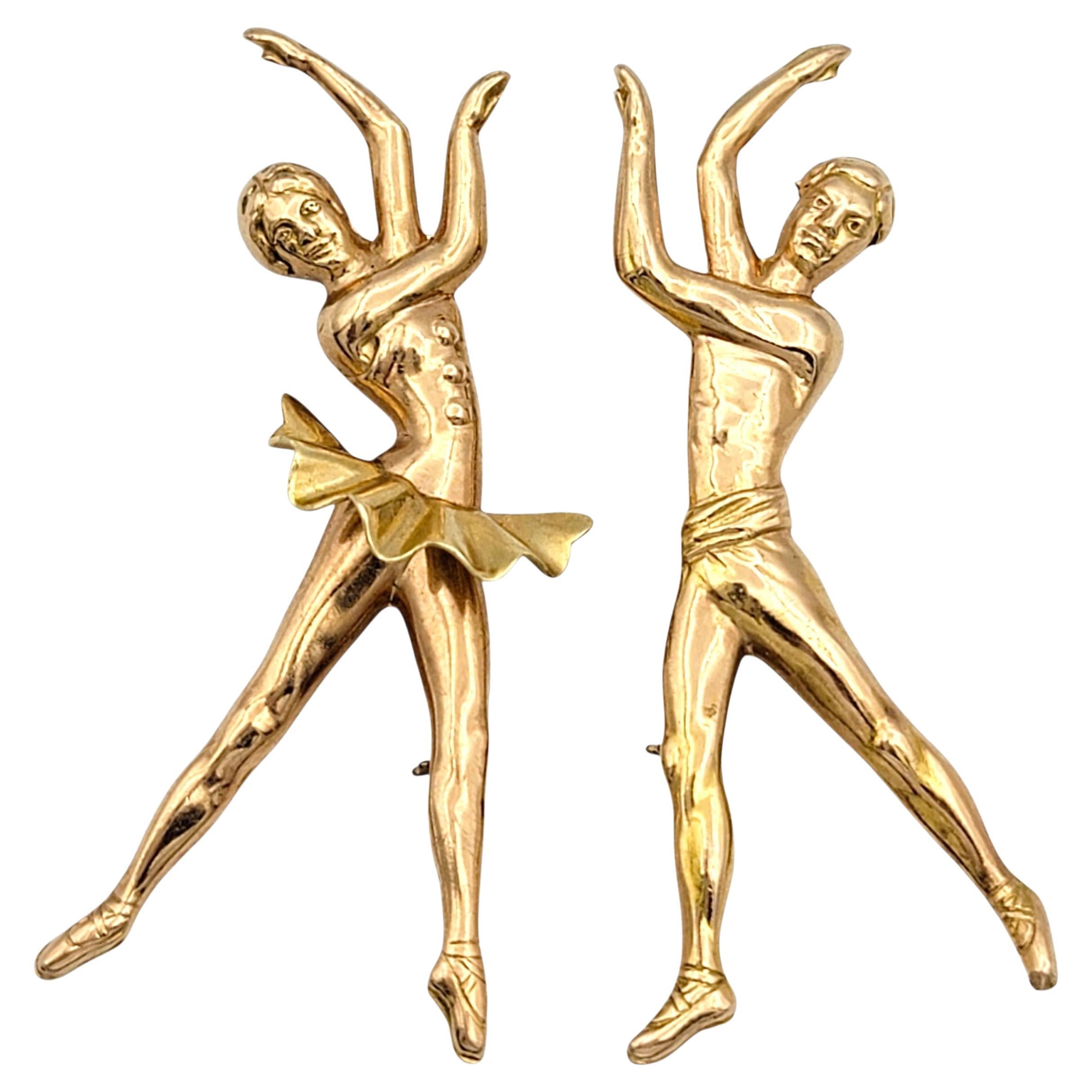 Paar Vintage Tanzen Ballerina und Danseur Brosche Pins 14 Karat Gelbgold im Angebot