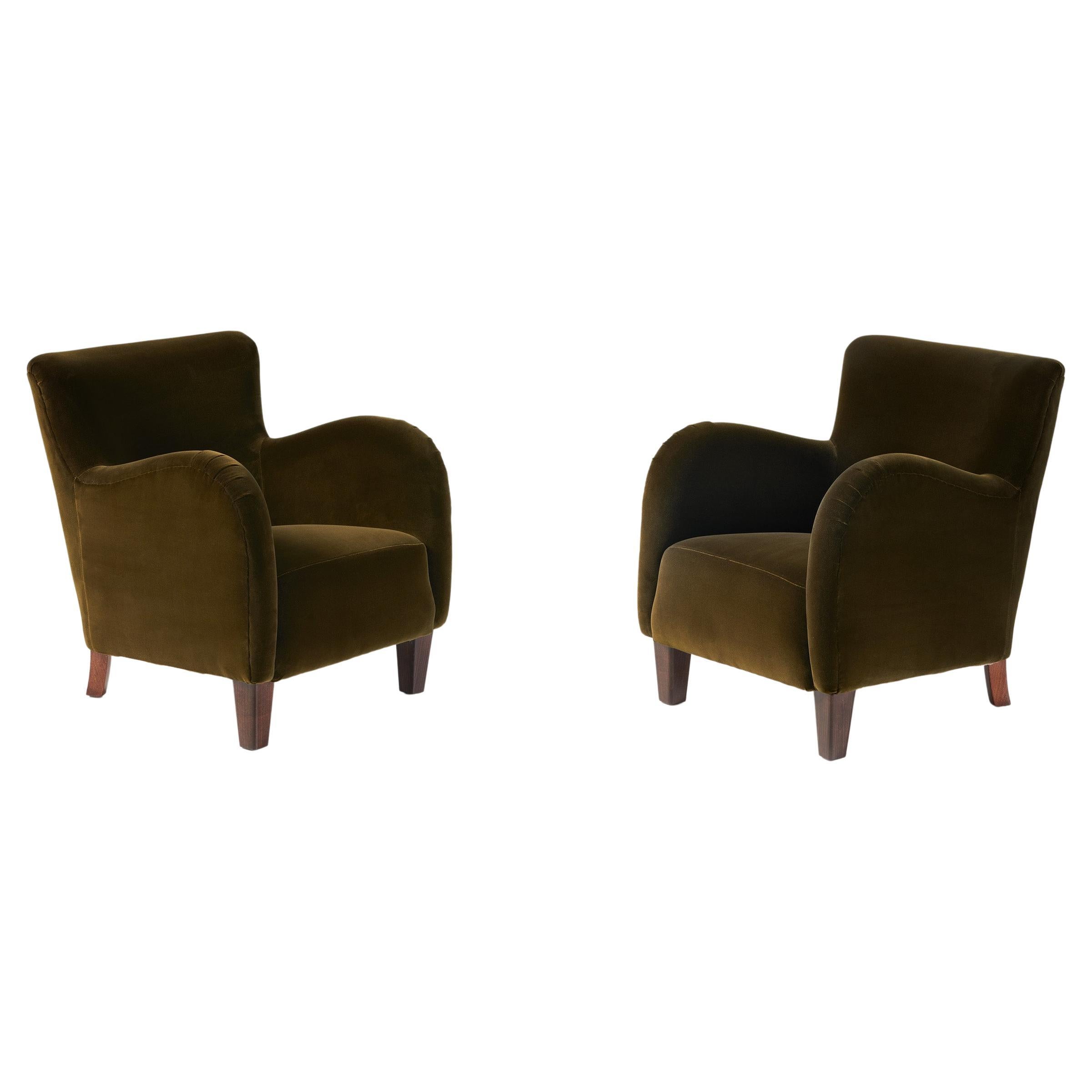Pair of Vintage Danish 1940s Velvet Lounge Chairs For Sale
