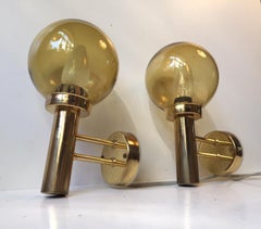 Pair of Vintage Danish Brass and Smoked Glass Globe Sconces from Steen & Steen