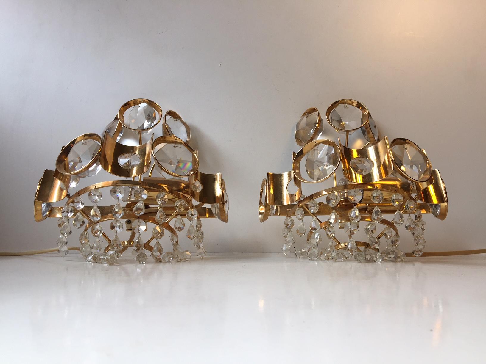 This pair of gilded prism sconces was manufactured and designed by M.P.R. in Denmark during the 1970s in a style reminiscent of Kalmar and Sciolari.