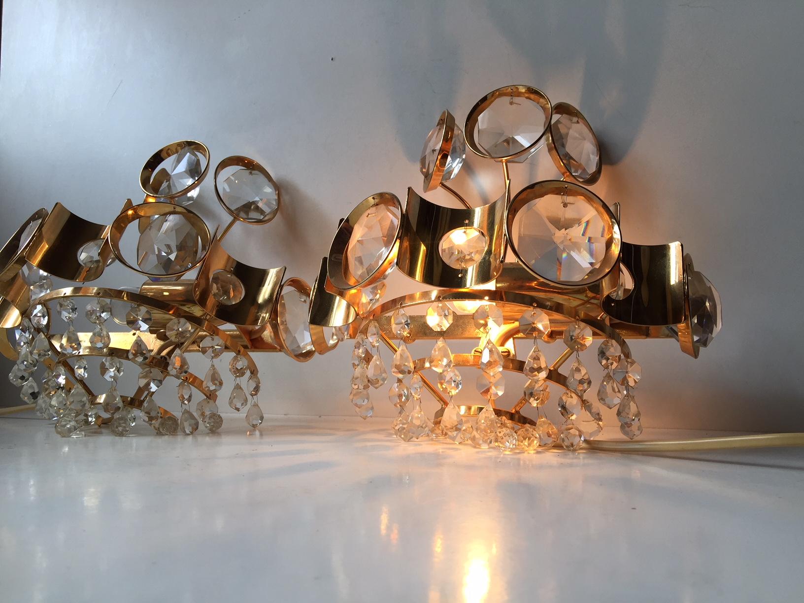 Mid-Century Modern Pair of Vintage Danish Gilded Sconces with Crystal Prisms from M.P.R, 1970s