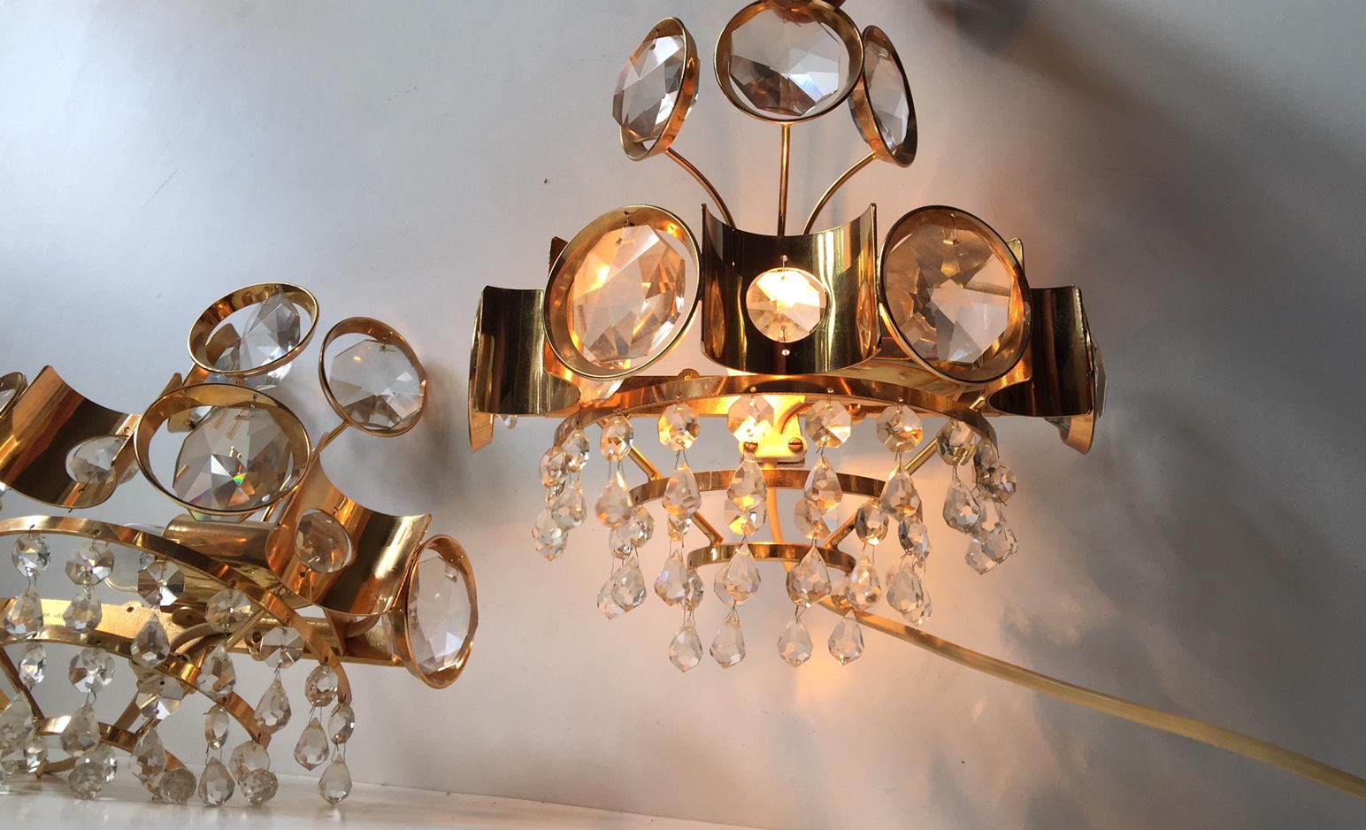 Gilt Pair of Vintage Danish Gilded Sconces with Crystal Prisms from M.P.R, 1970s