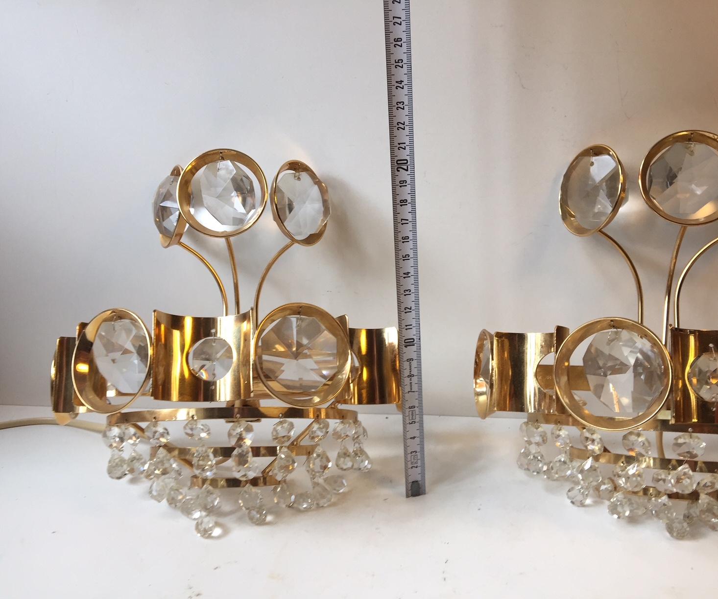 Pair of Vintage Danish Gilded Sconces with Crystal Prisms from M.P.R, 1970s 1