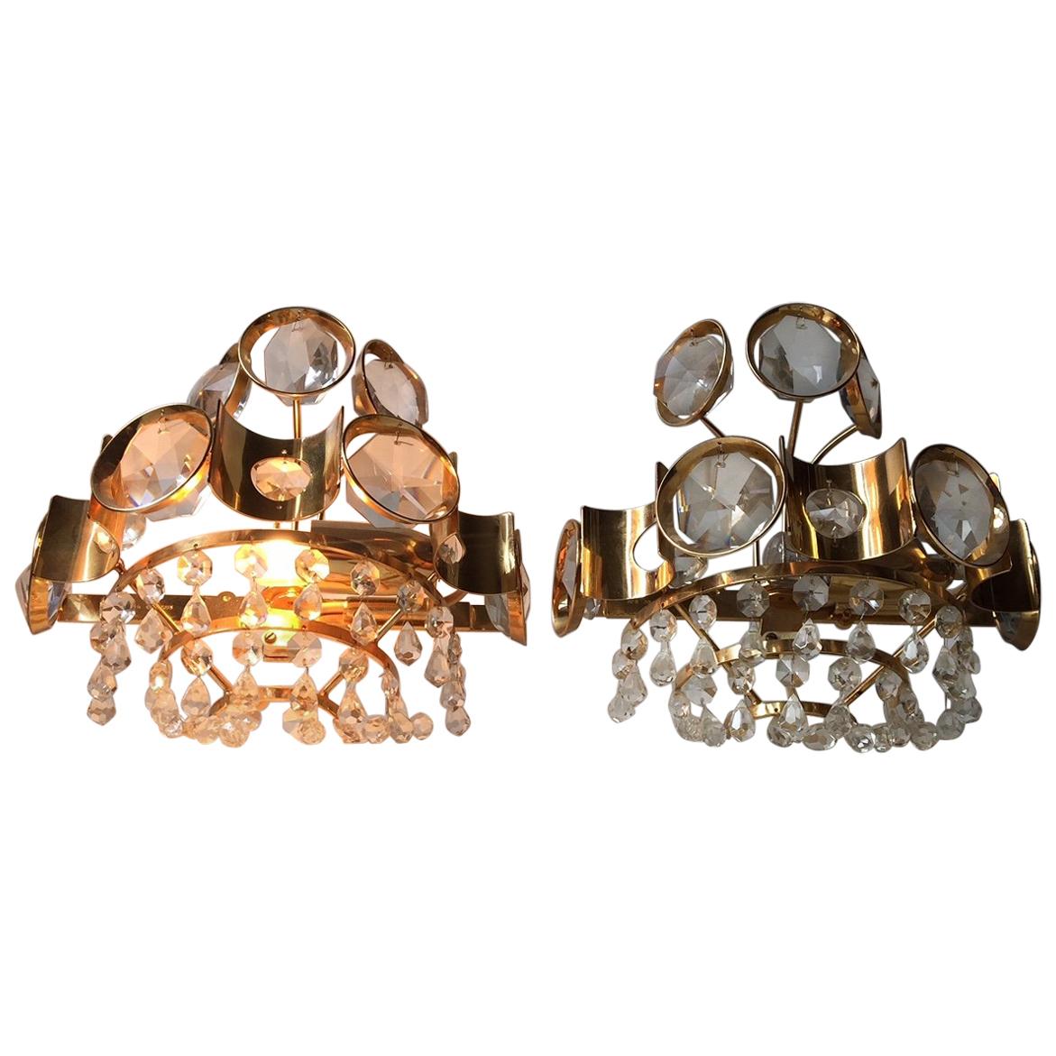 Pair of Vintage Danish Gilded Sconces with Crystal Prisms from M.P.R, 1970s