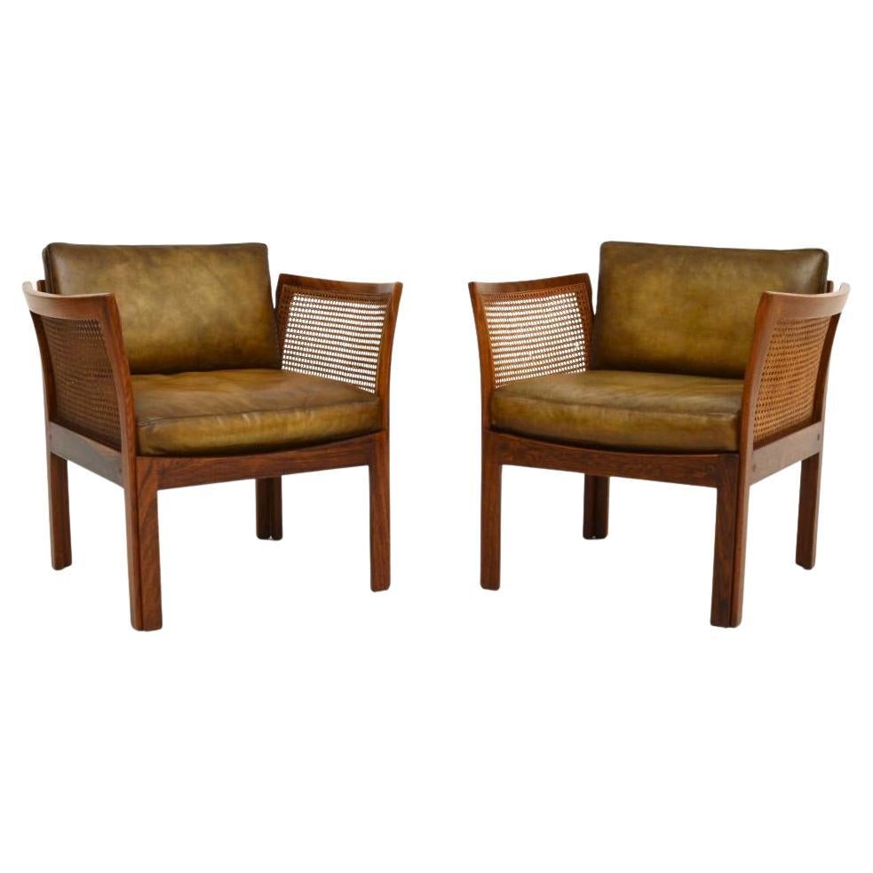 Pair of Vintage Danish Leather and Cane Armchairs by Illum Wikkelso