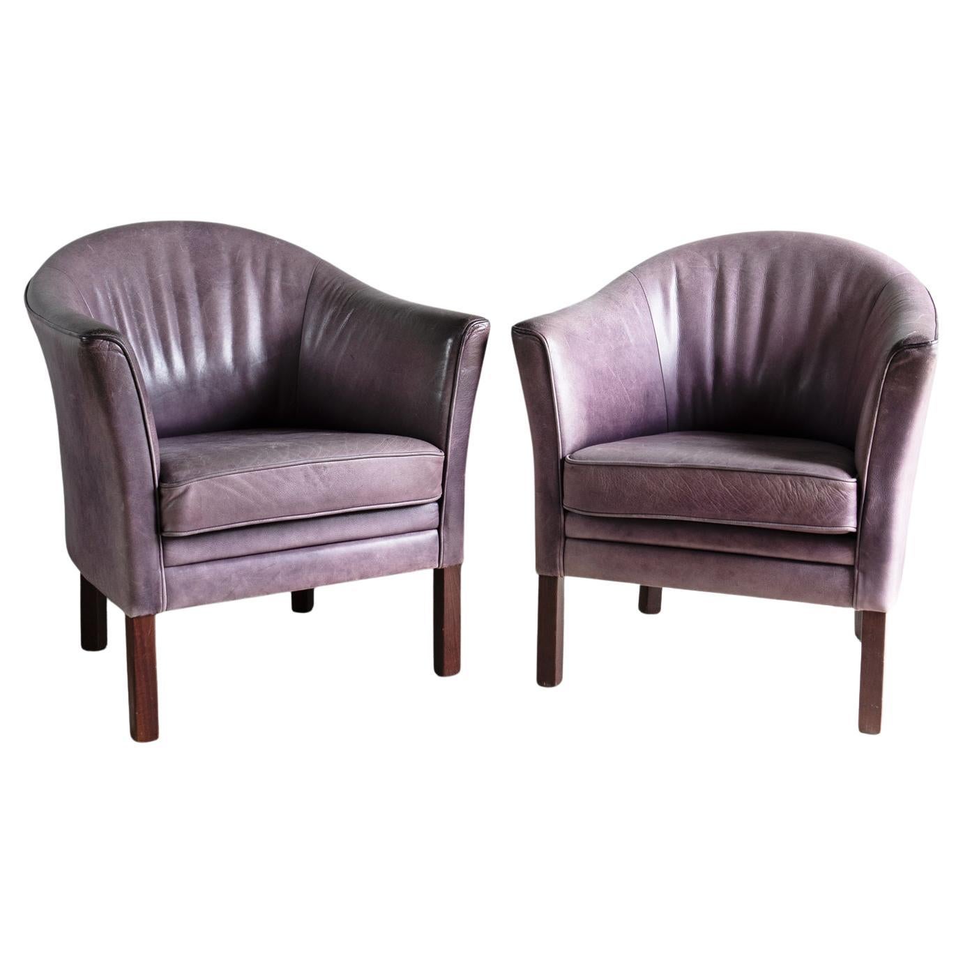 Pair Of Vintage Danish Lilac Leather Armchairs By Lars Kalmar For Mogens Hansen For Sale