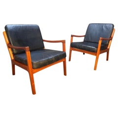 Pair of Vintage Danish Mid Century Teak "Senator" Lounge Chairs by Ole Wanscher