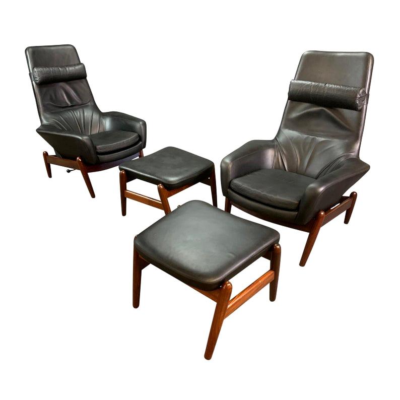 Pair of Vintage Danish Midcentury Lounge Chairs & Ottomans PD30, Ib Kofod Larsen
