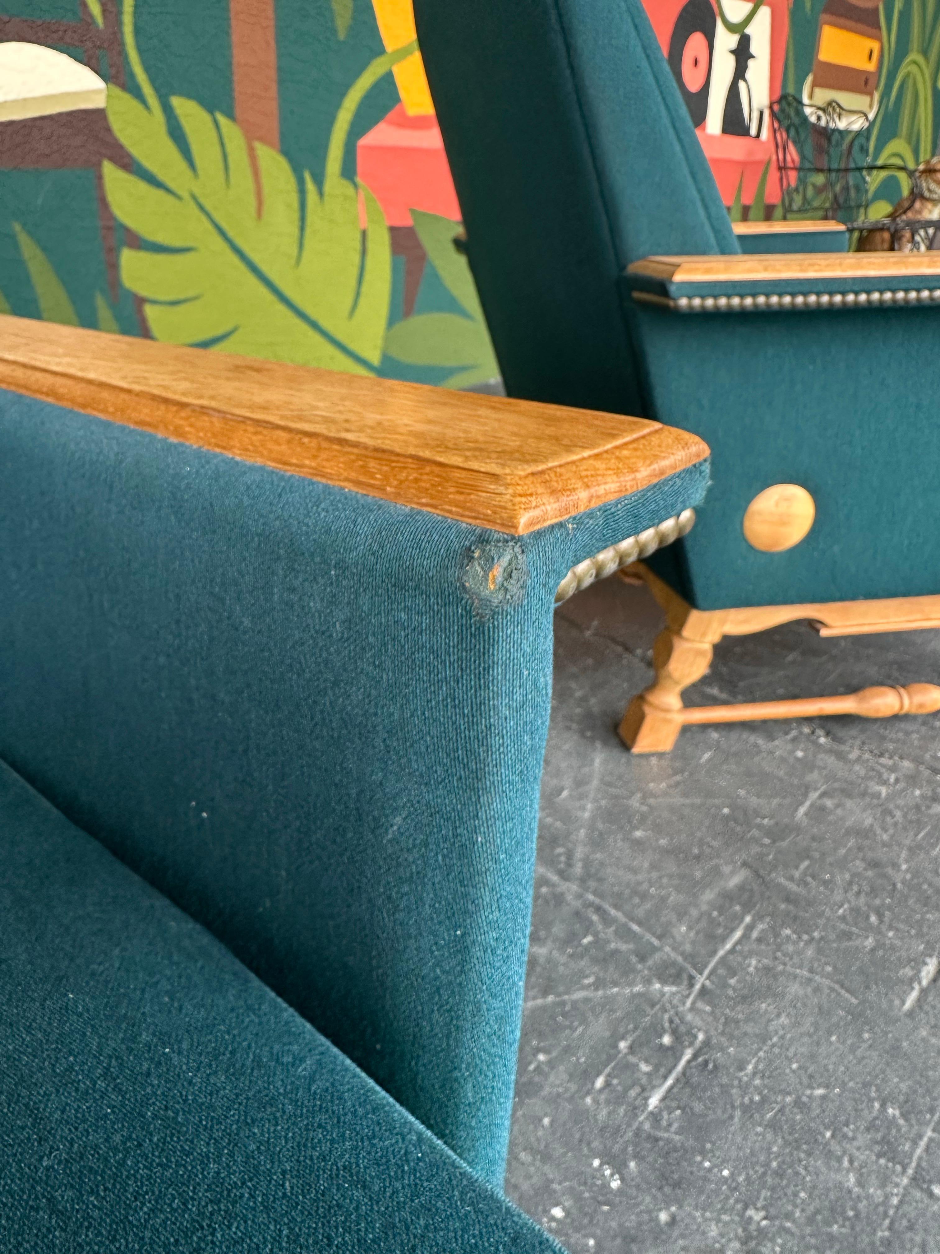 Pair of Danish Oak and Wool Henning Kjaernulf Style Brutalist Lounge Chairs For Sale 5