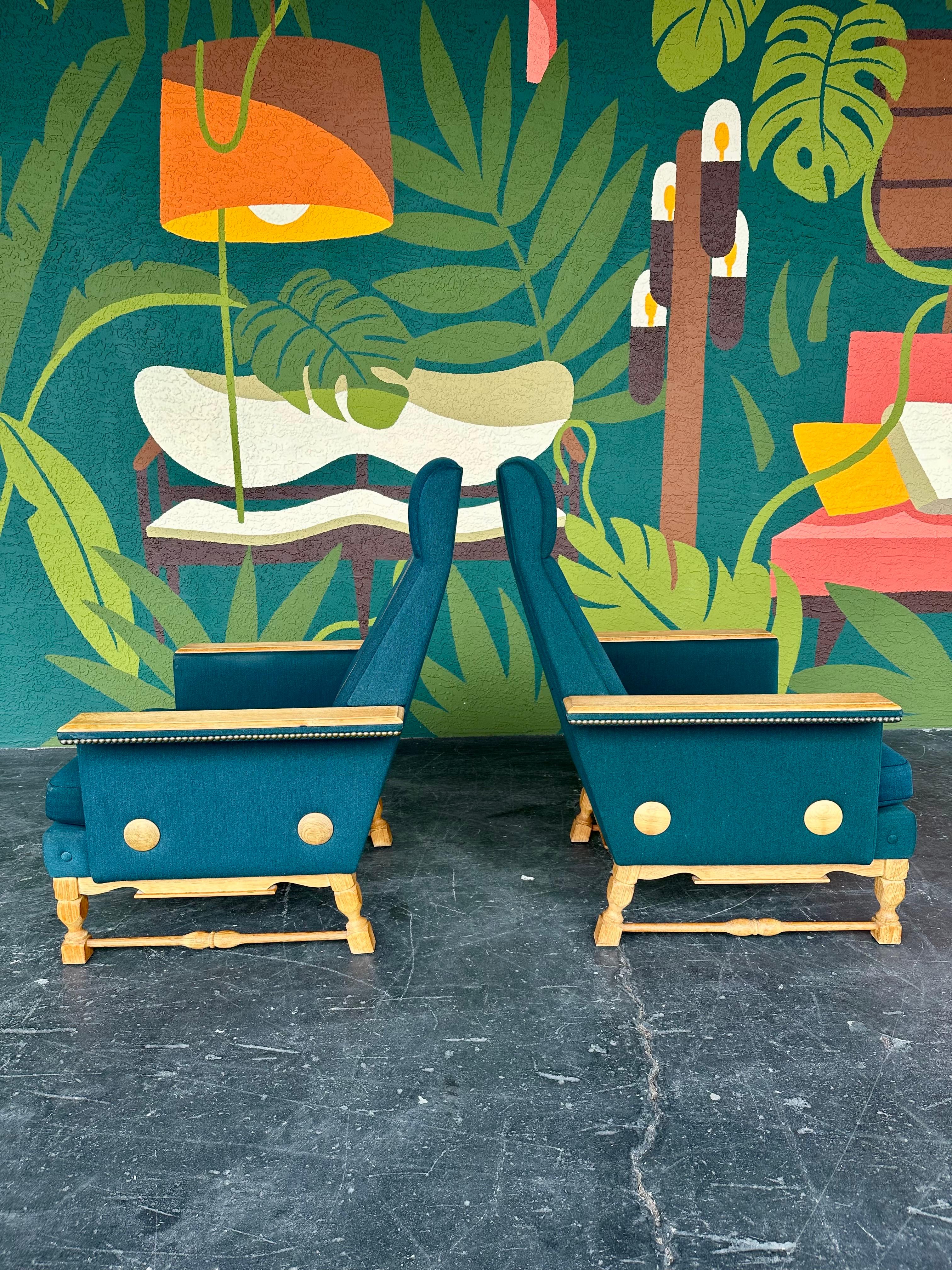 Metal Pair of Danish Oak and Wool Henning Kjaernulf Style Brutalist Lounge Chairs For Sale