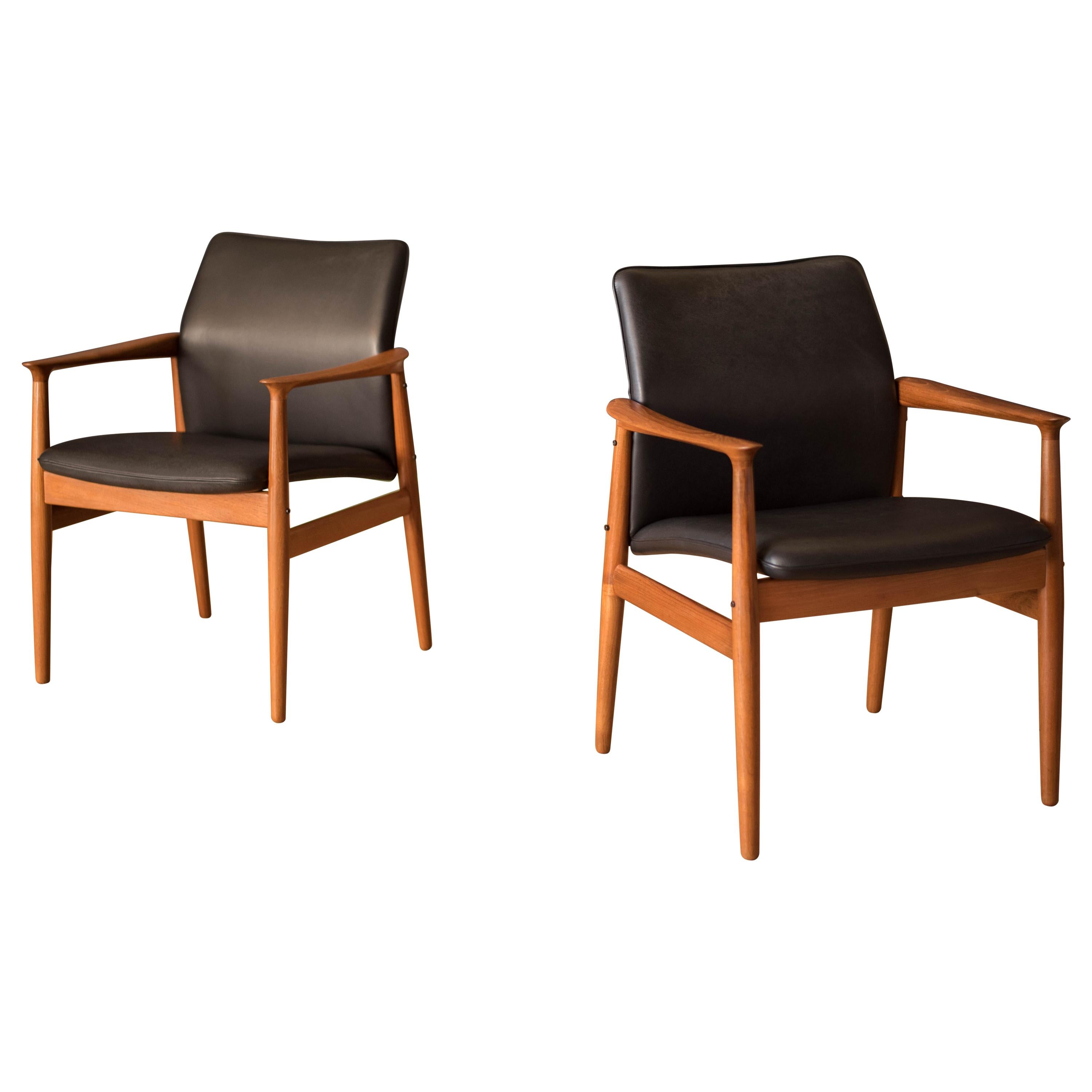 Pair of Vintage Danish Teak and Leather Armchairs by Grete Jalk for Glostrup For Sale