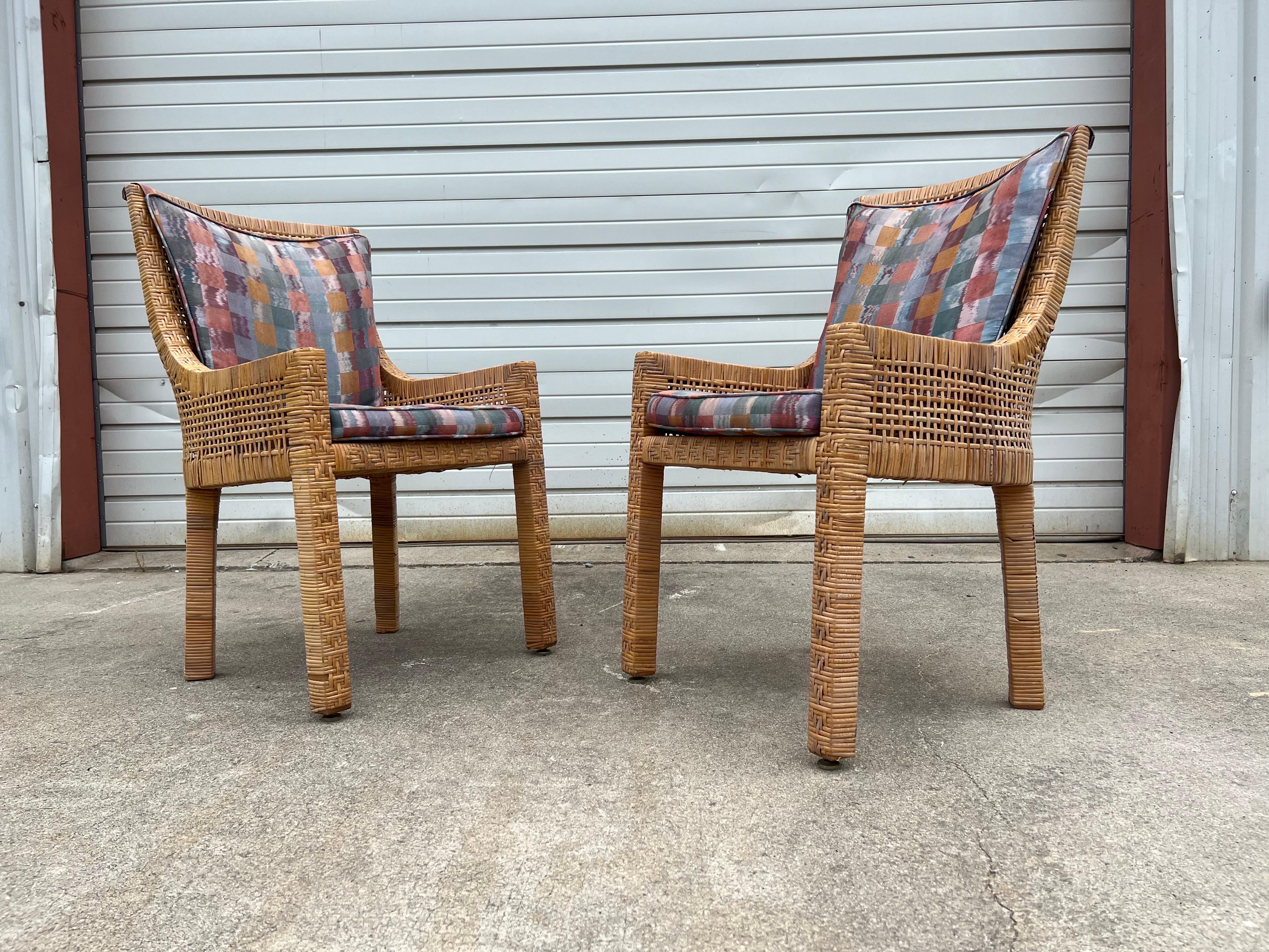 Pair of Vintage Danny Ho Fong Style Wood and Rattan Arm Chairs  4