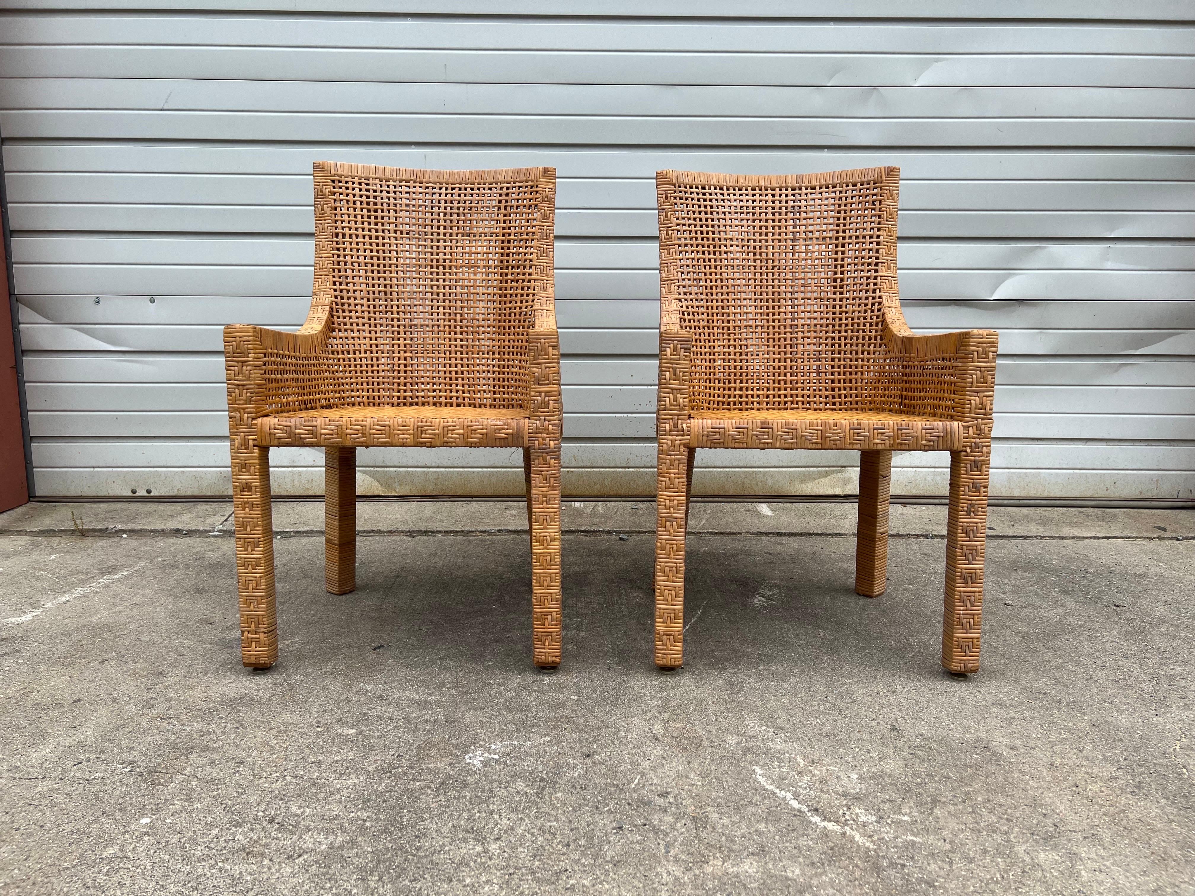 Mid-Century Modern Pair of Vintage Danny Ho Fong Style Wood and Rattan Arm Chairs 