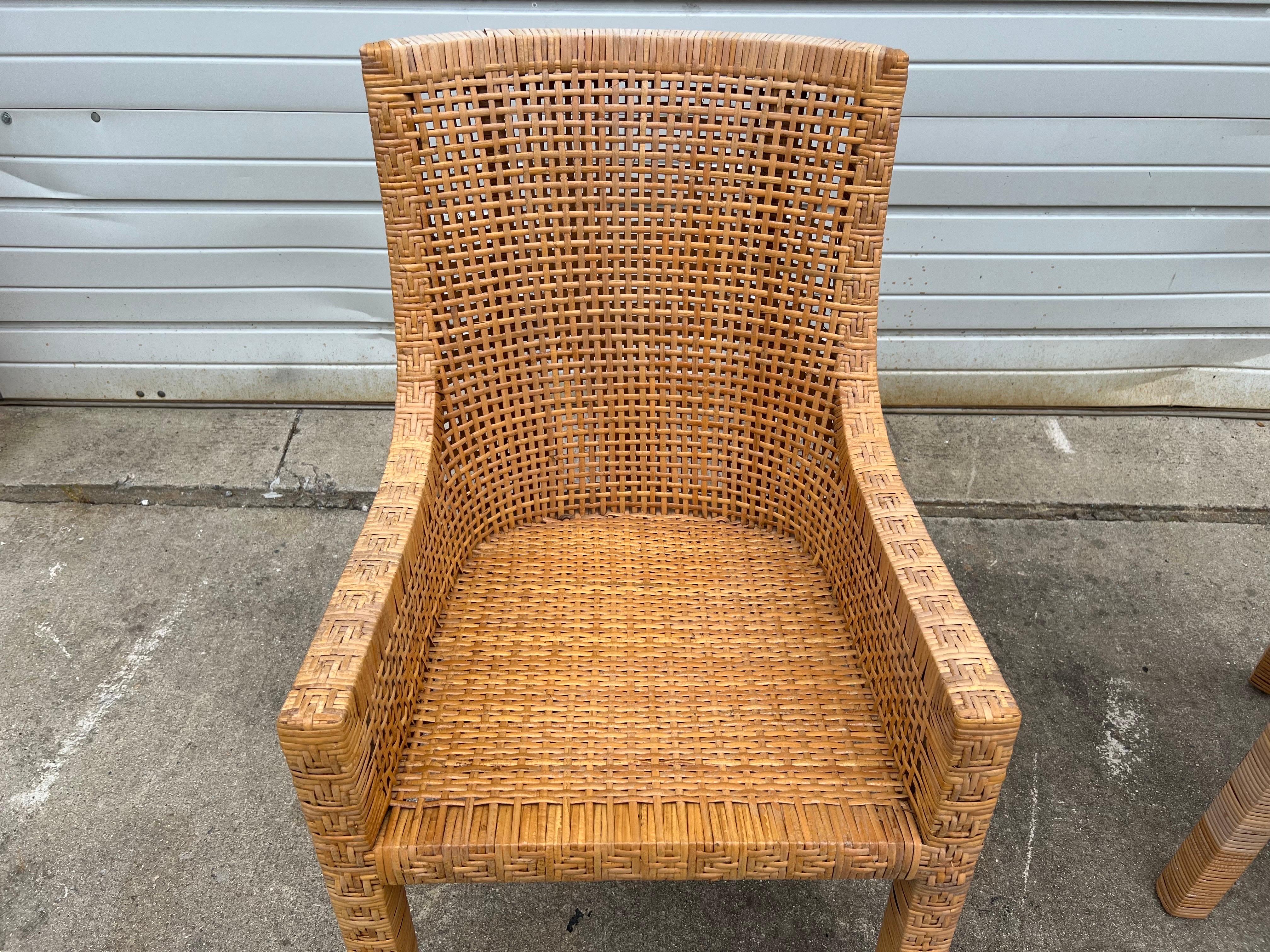Pair of Vintage Danny Ho Fong Style Wood and Rattan Arm Chairs  In Fair Condition In Raleigh, NC