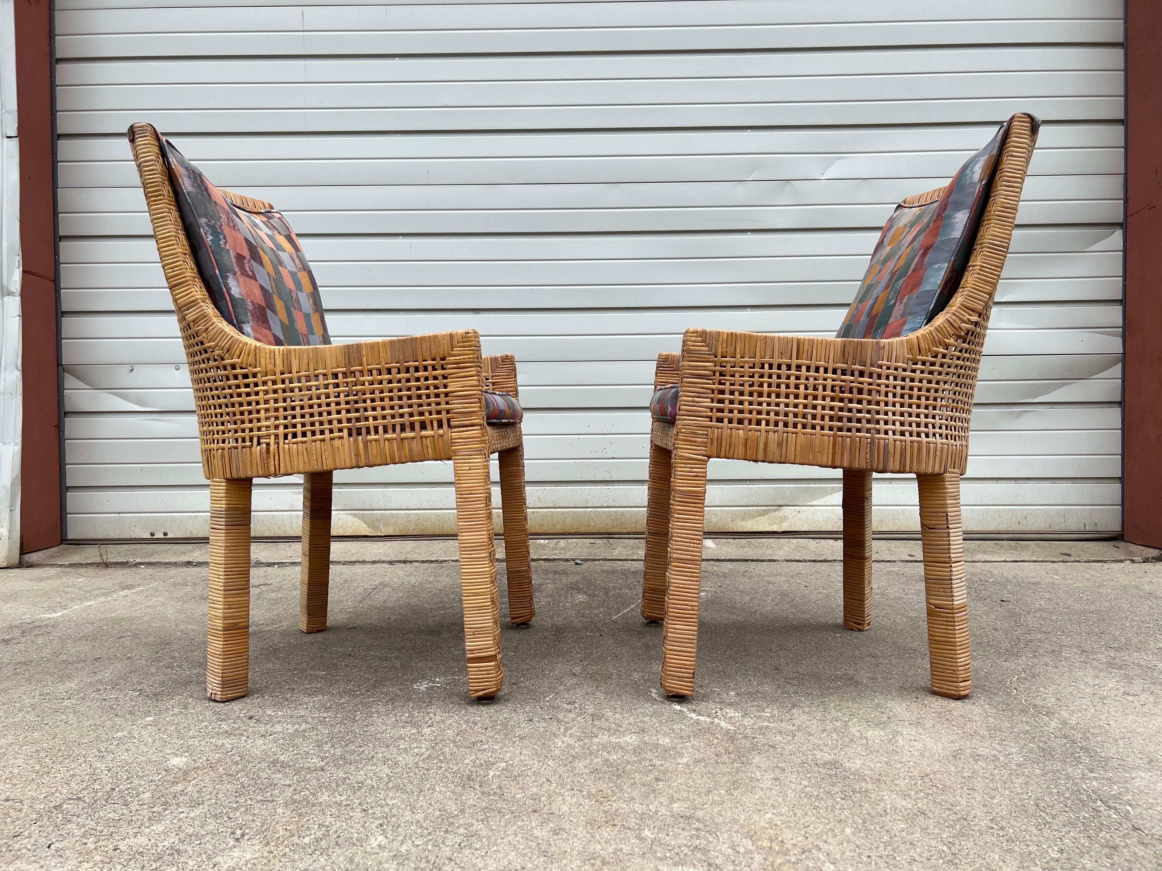 Fabric Pair of Vintage Danny Ho Fong Style Wood and Rattan Arm Chairs 