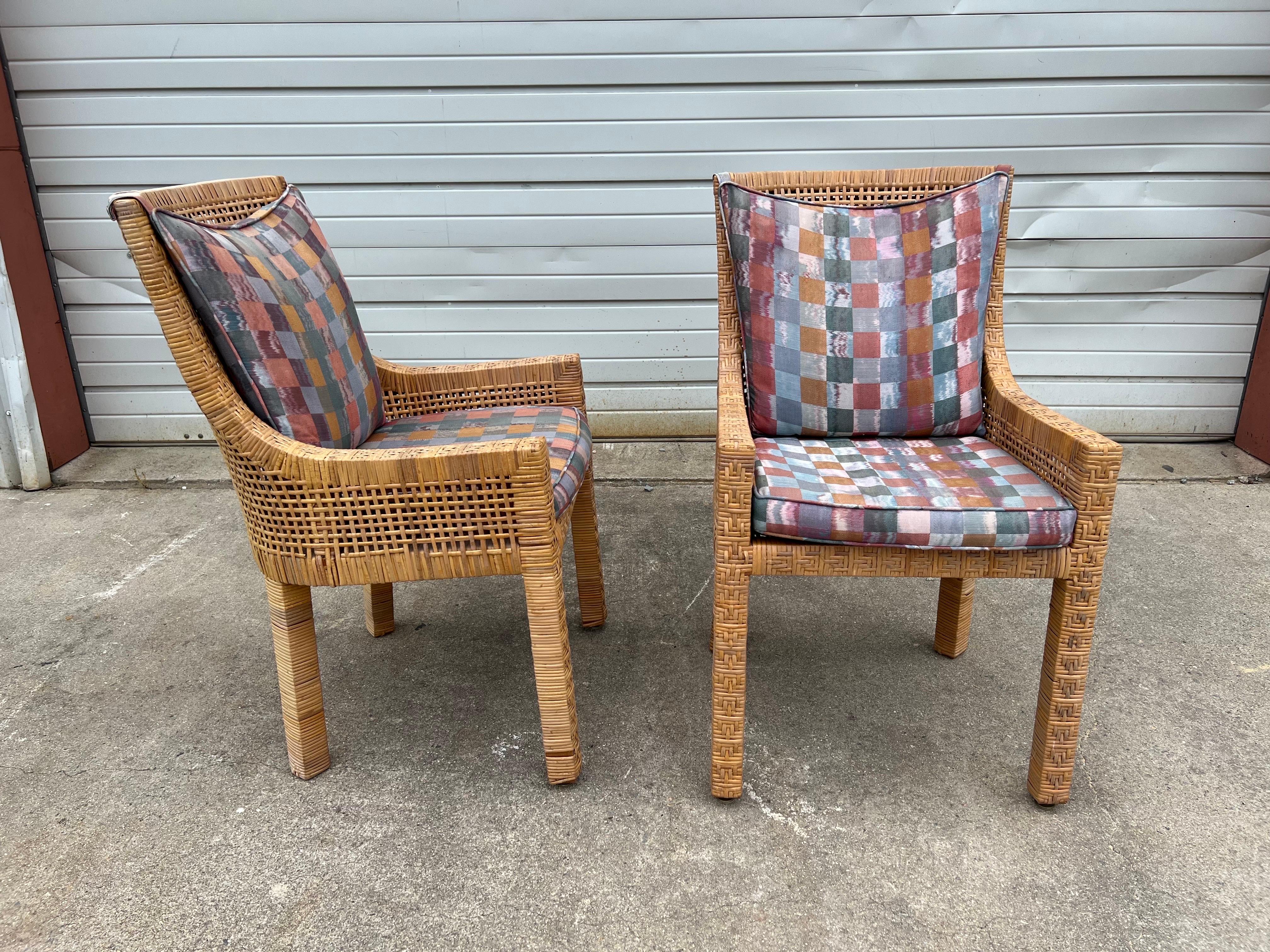 Pair of Vintage Danny Ho Fong Style Wood and Rattan Arm Chairs  1