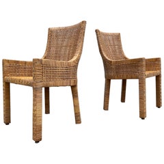 Pair of Vintage Danny Ho Fong Style Wood and Rattan Arm Chairs