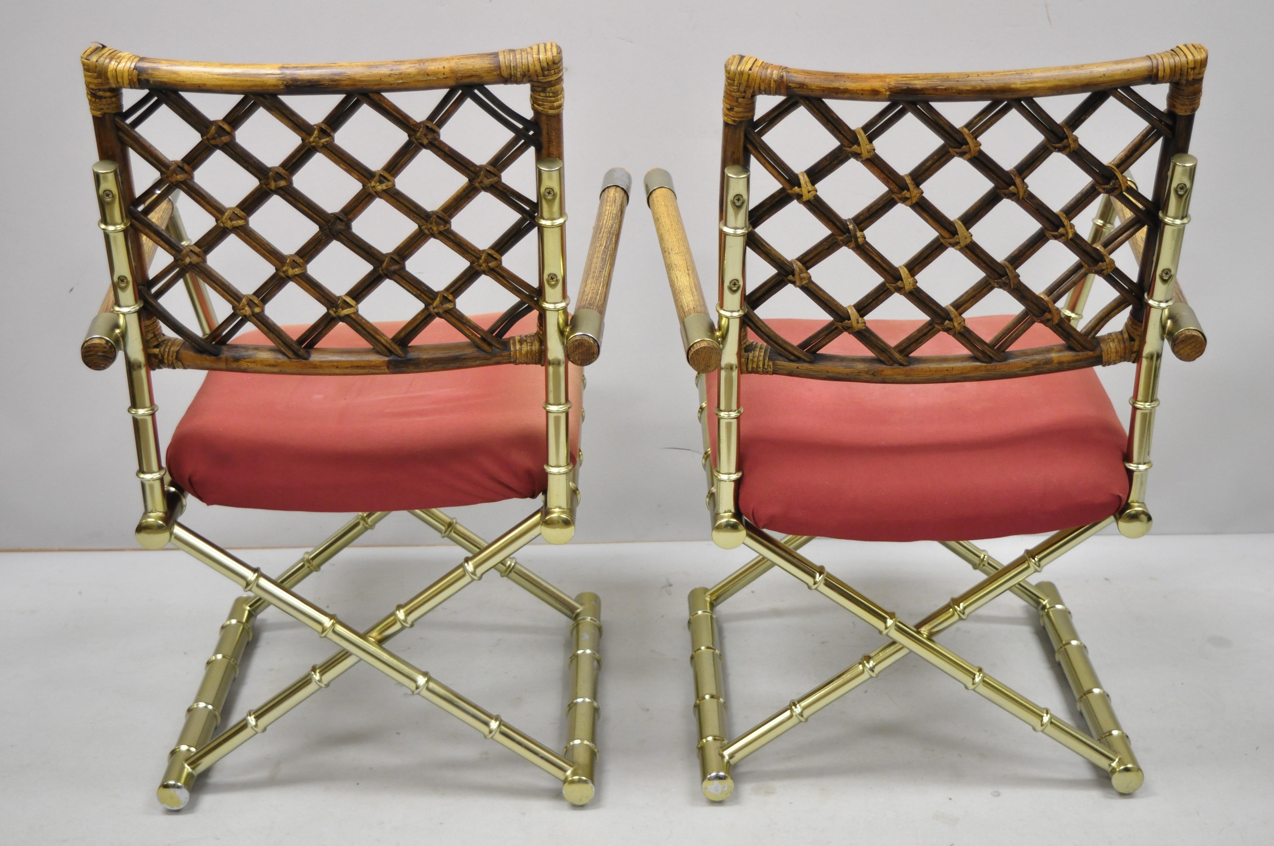 Pair of Vintage Daystrom Brass Faux Bamboo Lattice Rattan Directors Armchairs 3