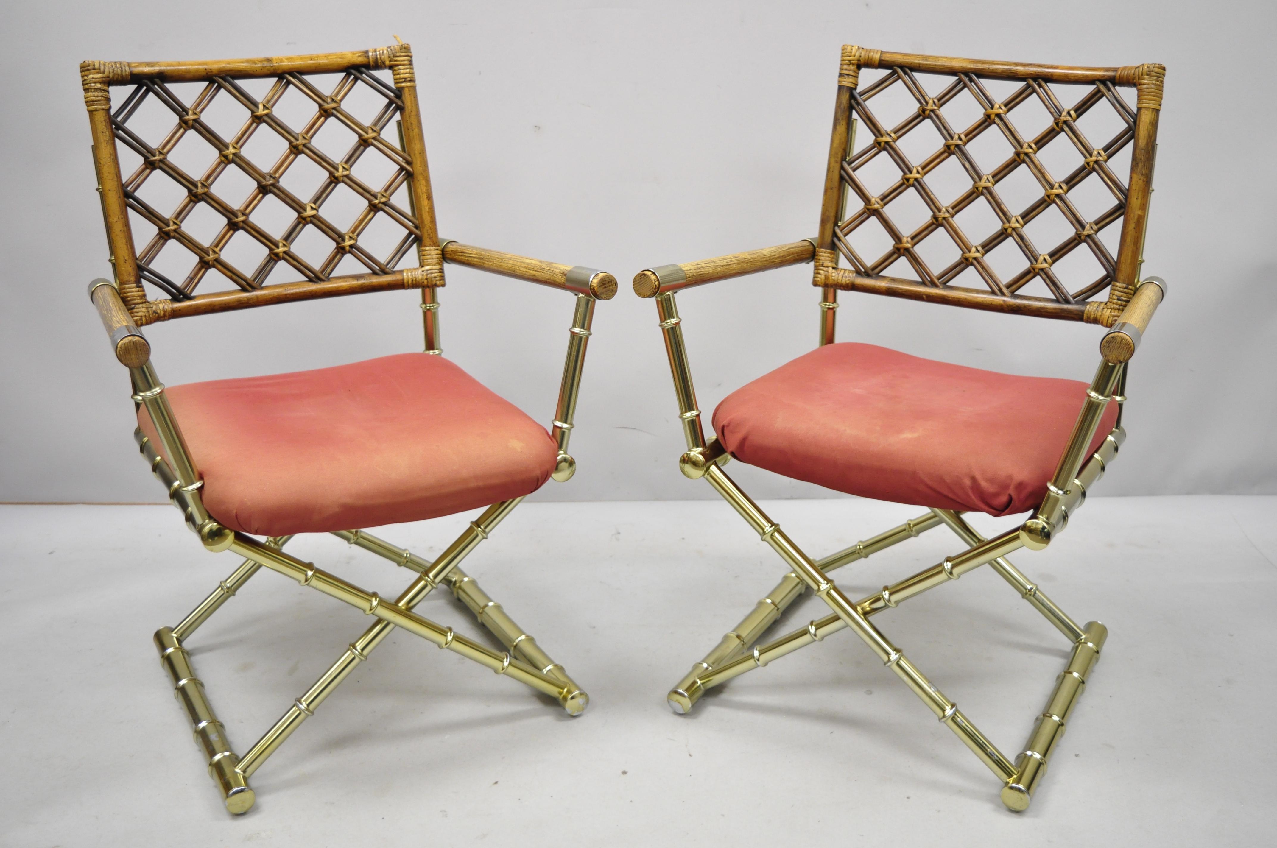 Pair of vintage Daystrom brass faux bamboo Lattice rattan Directors armchairs. Bamboo lattice back, brass plated metal X-form base, upholstered seat, great style and form, circa late 20th century. Measurements: 35.5