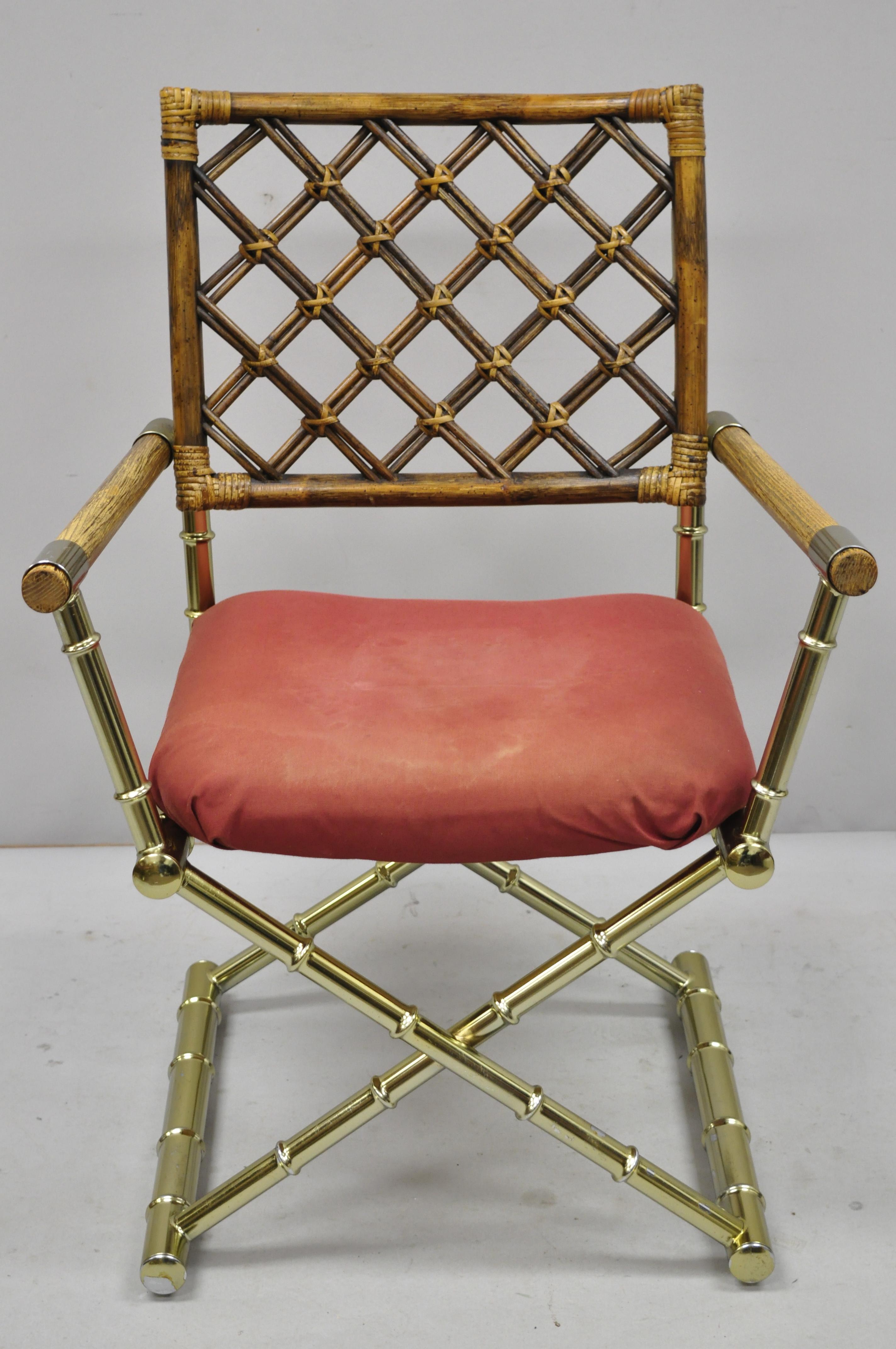 Hollywood Regency Pair of Vintage Daystrom Brass Faux Bamboo Lattice Rattan Directors Armchairs