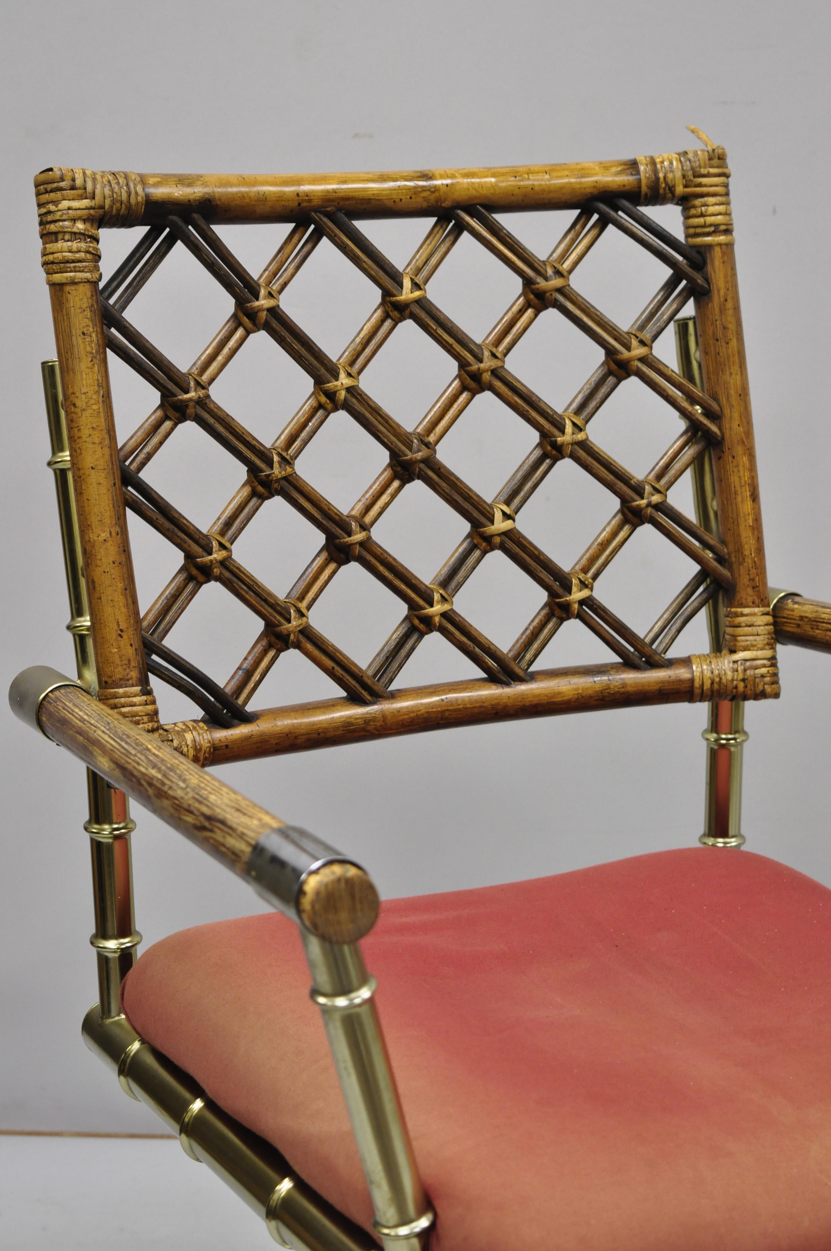 American Pair of Vintage Daystrom Brass Faux Bamboo Lattice Rattan Directors Armchairs