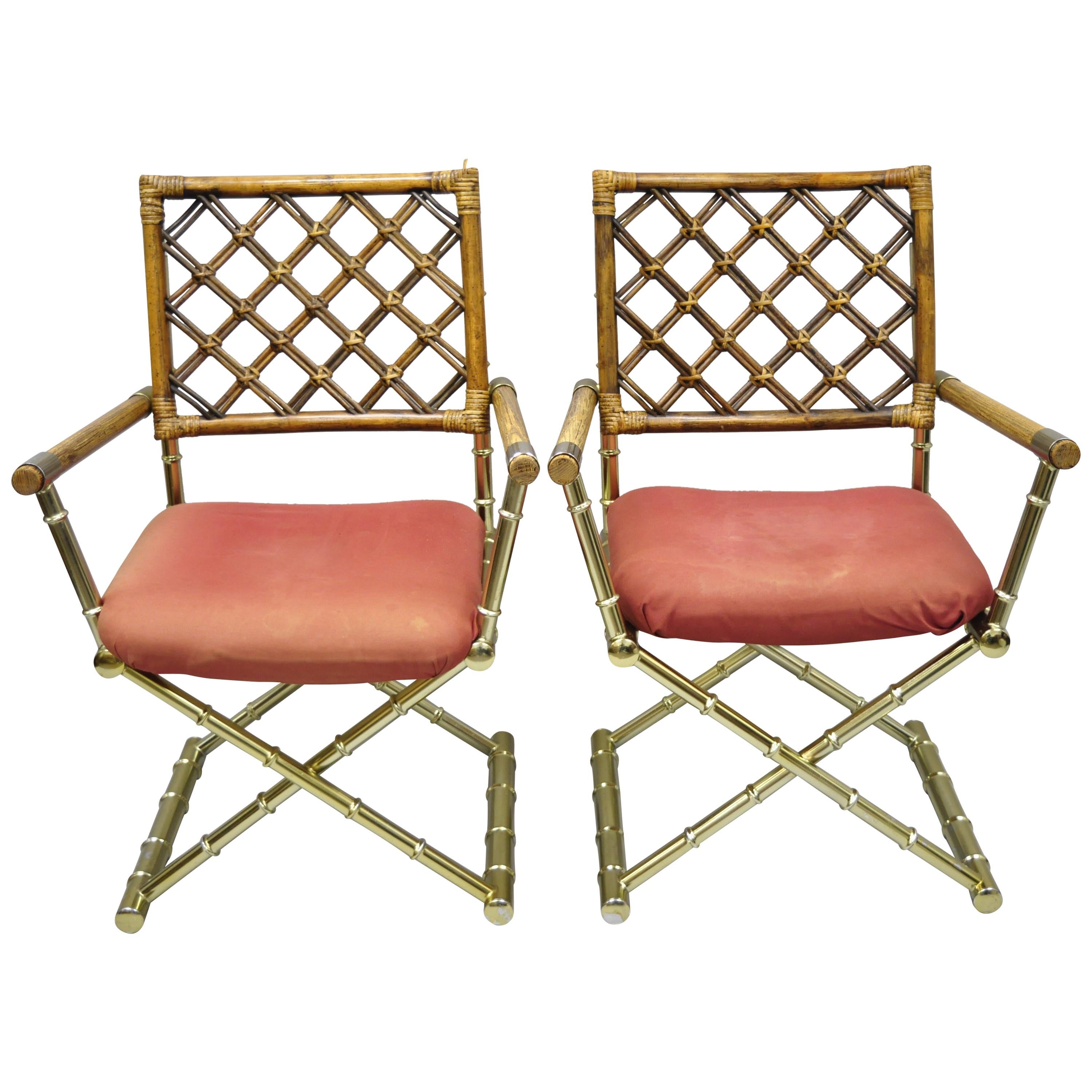 Pair of Vintage Daystrom Brass Faux Bamboo Lattice Rattan Directors Armchairs