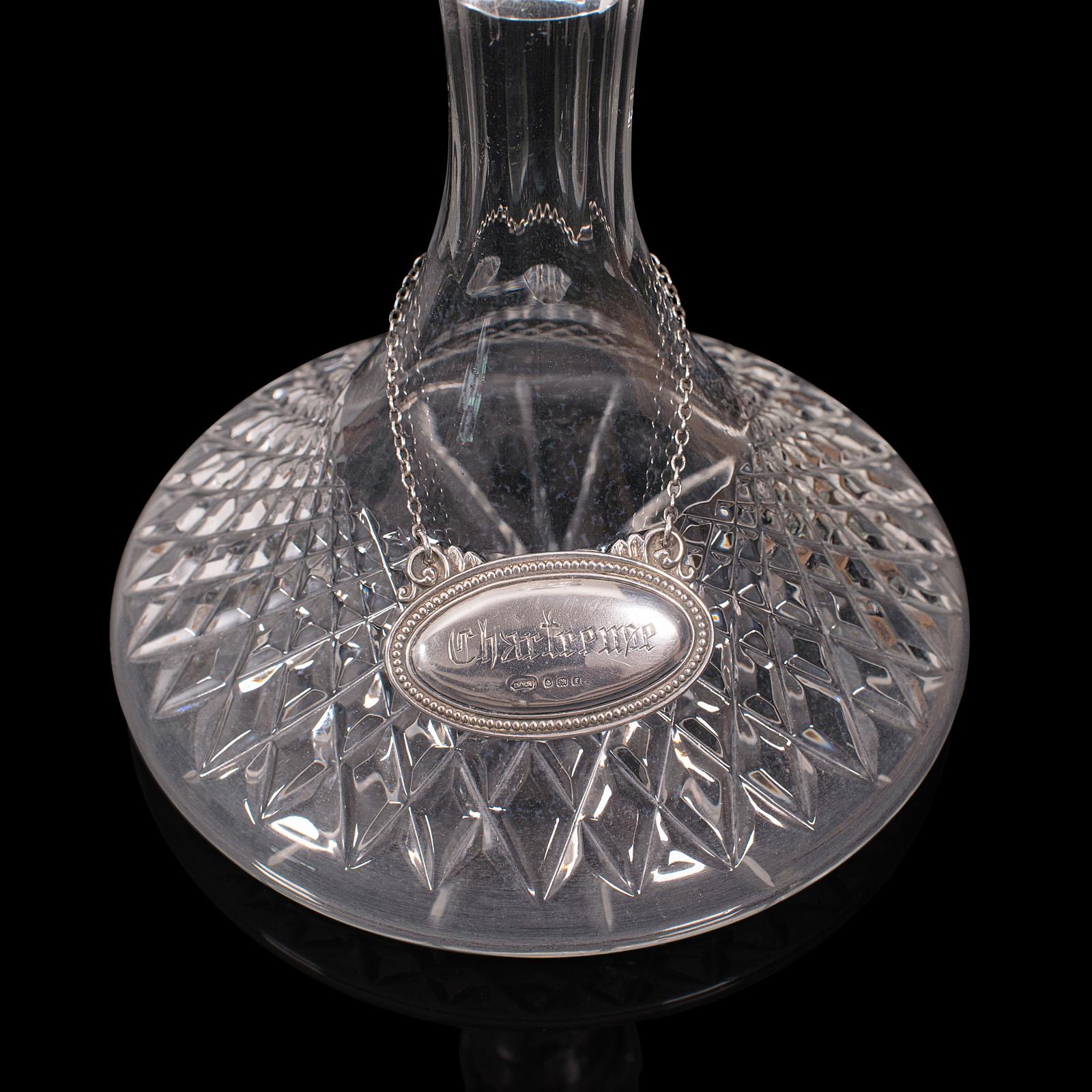 Pair of Vintage Decanters, English Glass, Spirit Vessel, Silver Labels, Hallmark For Sale 2