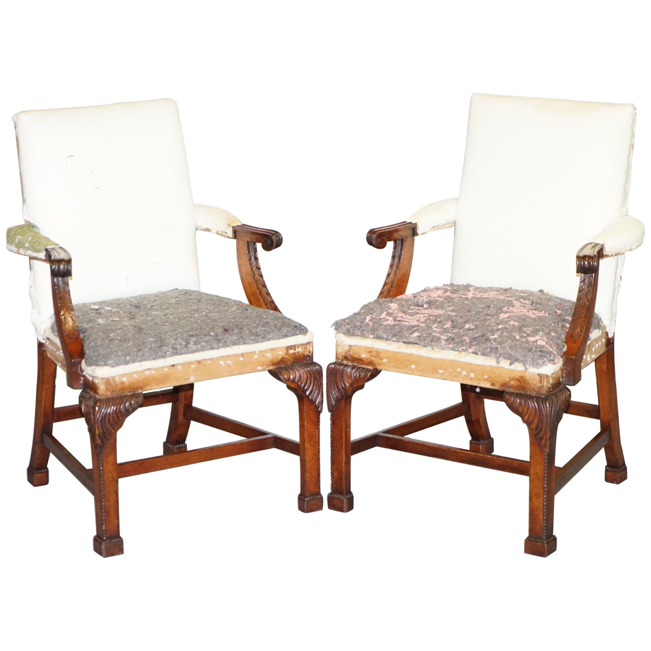 Pair of Vintage Deconstructed Heavily Carved Gainsborough Carver Armchairs