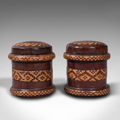 Pair of, Vintage Decorated Tobacco Tins, English, Leather, Canister, Circa 1940