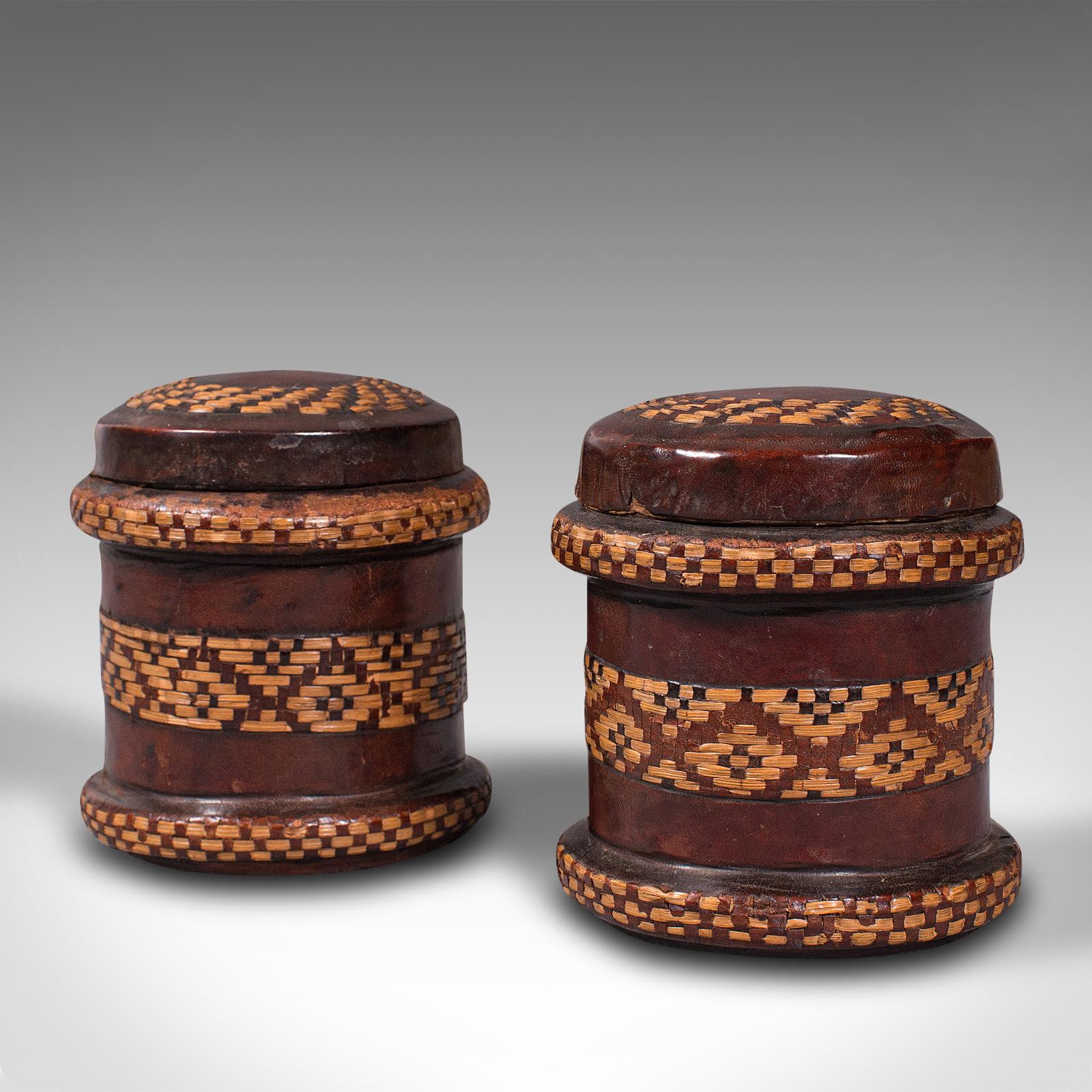 British Pair of, Vintage Decorated Tobacco Tins, English, Leather, Canister, Circa 1940 For Sale