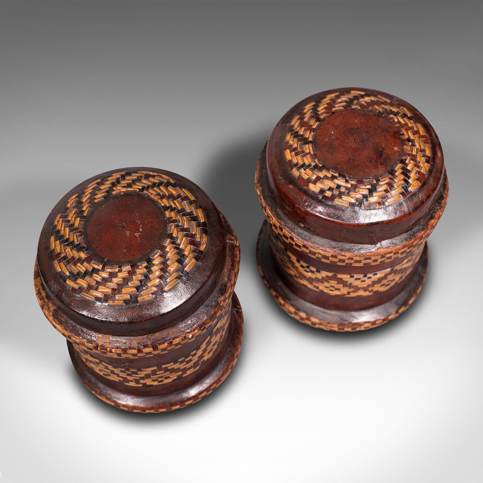 20th Century Pair of, Vintage Decorated Tobacco Tins, English, Leather, Canister, Circa 1940 For Sale