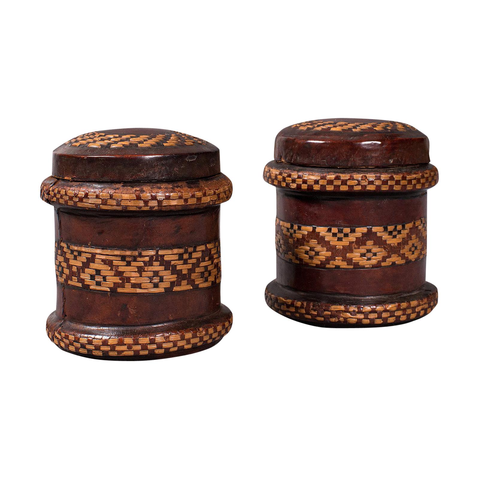 Pair of, Vintage Decorated Tobacco Tins, English, Leather, Canister, Circa 1940 For Sale