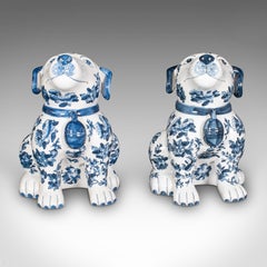 Pair Of Vintage Decorative Book Dogs, Chinese, Ceramic, Blue & White, Bookends