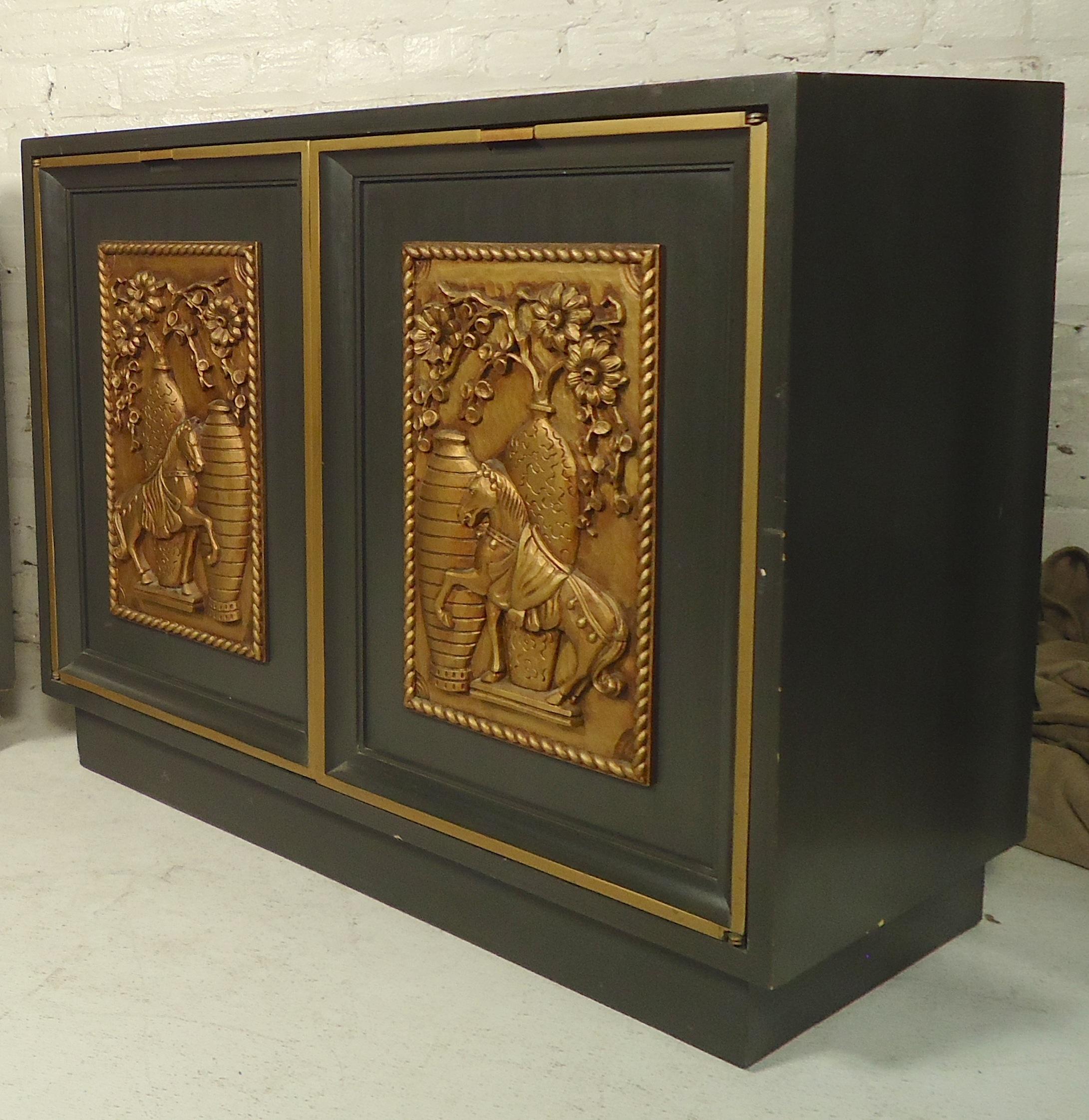 Mid-Century Modern two doors chests by Lane furniture. Green paint with gold decorative relief.

(Please confirm item location - NY or NJ - with dealer).
 