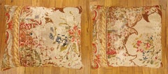 Pair of Vintage Decorative English Needlepoint Pillows, Terracotta Linen Backing