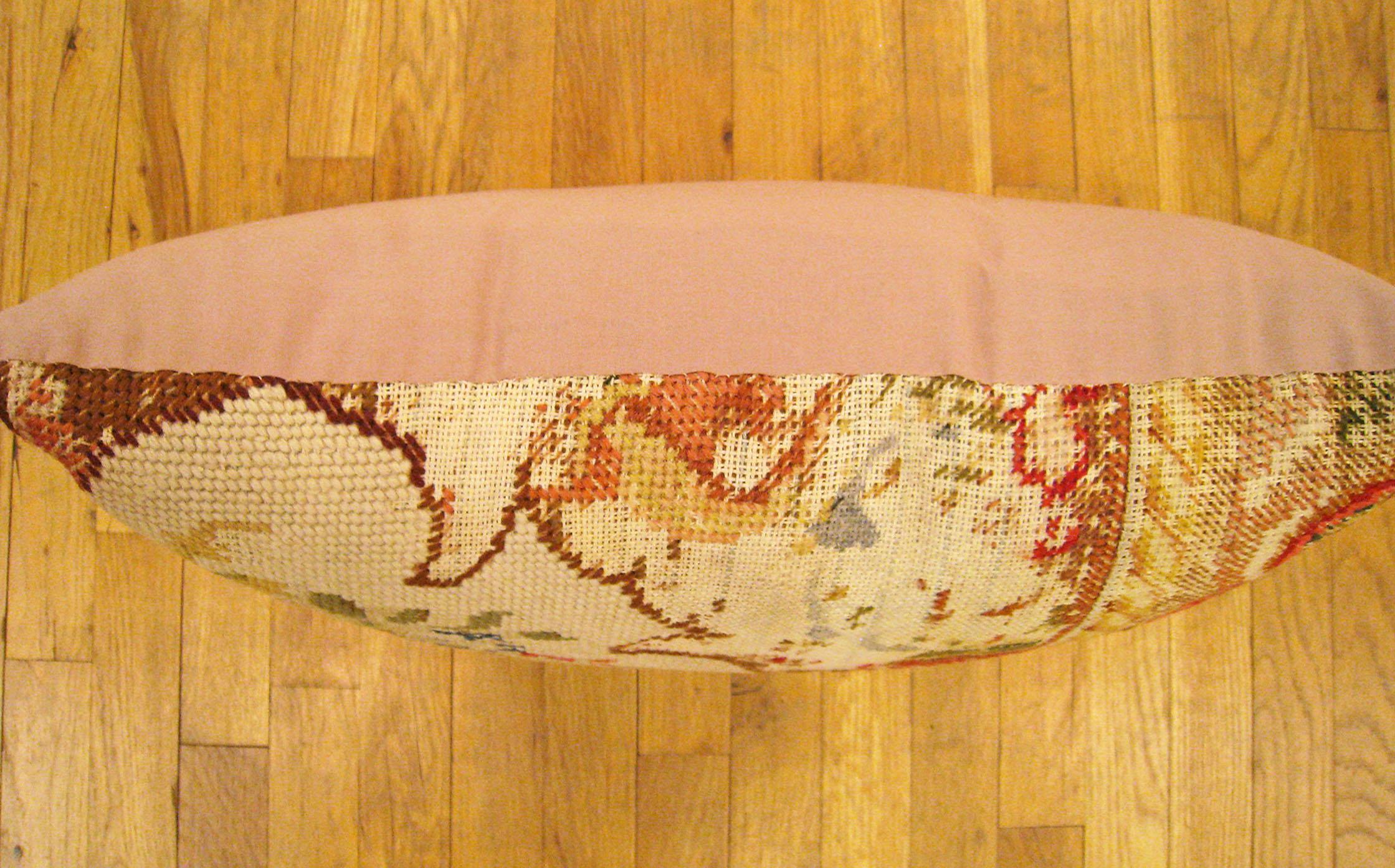 Wool Pair of Vintage Decorative English Needlepoint Pillows, Terracotta Linen Backing