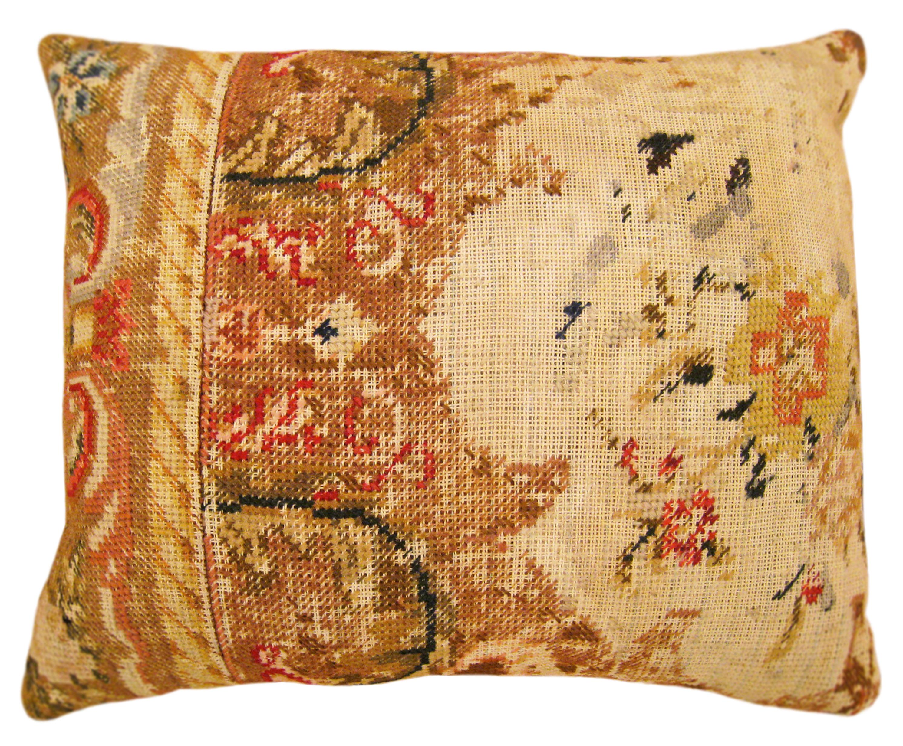 Pair of Vintage Decorative English Needlepoint Pillows, Terracotta Linen Backing 1