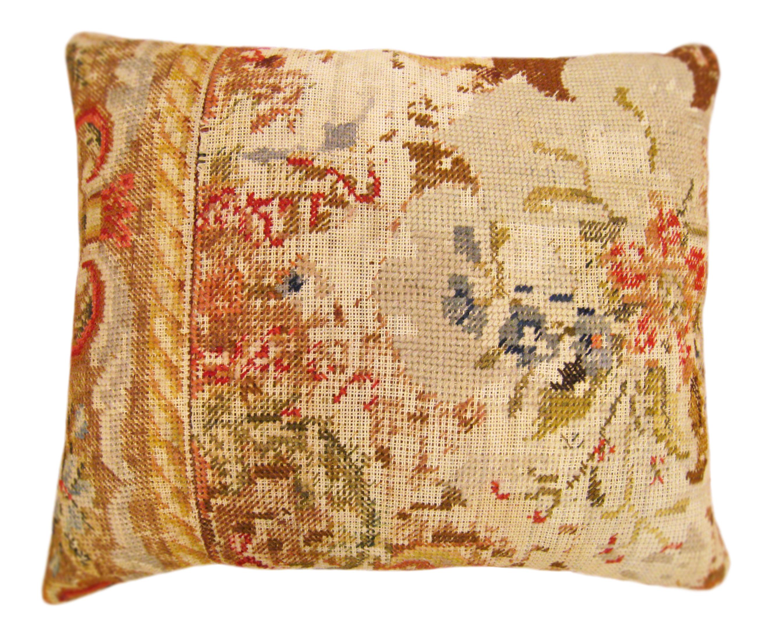 Pair of Vintage Decorative English Needlepoint Pillows, Terracotta Linen Backing 1