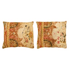 Pair of Vintage Decorative English Needlepoint Pillows, Terracotta Linen Backing